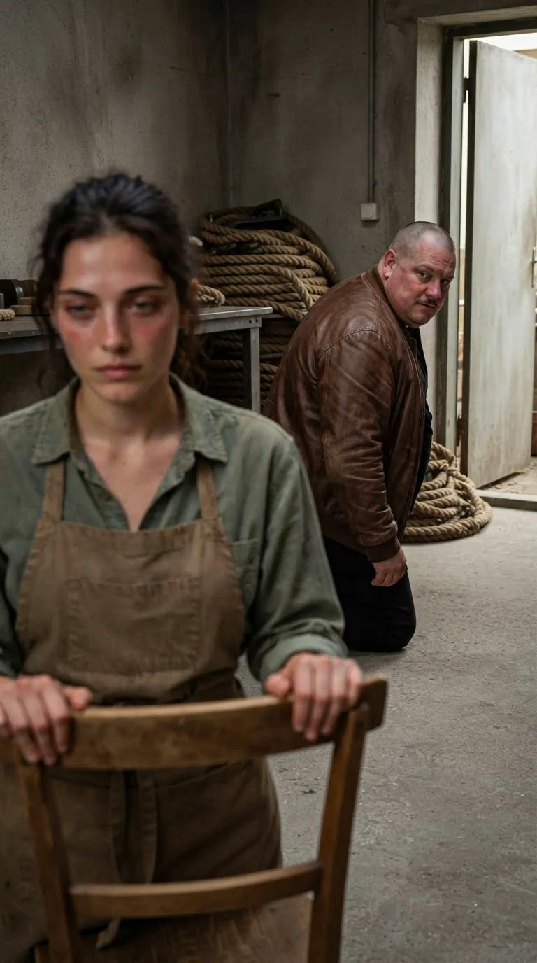 The kneeling man twists his head toward the door and sneers at the woman standing there.