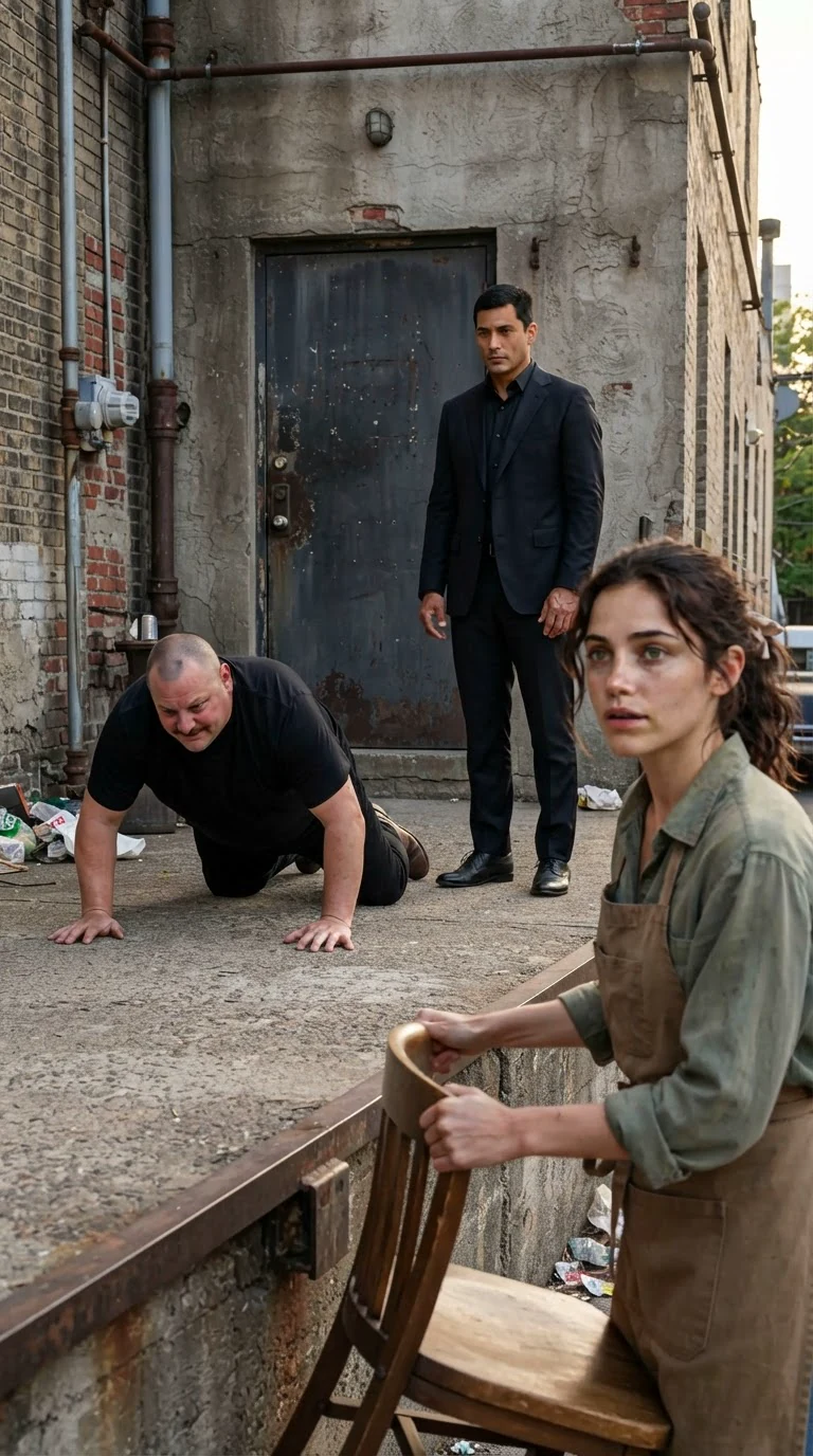 The kneeling man scrambles up and ducks toward the back door while the suited man stands still.
