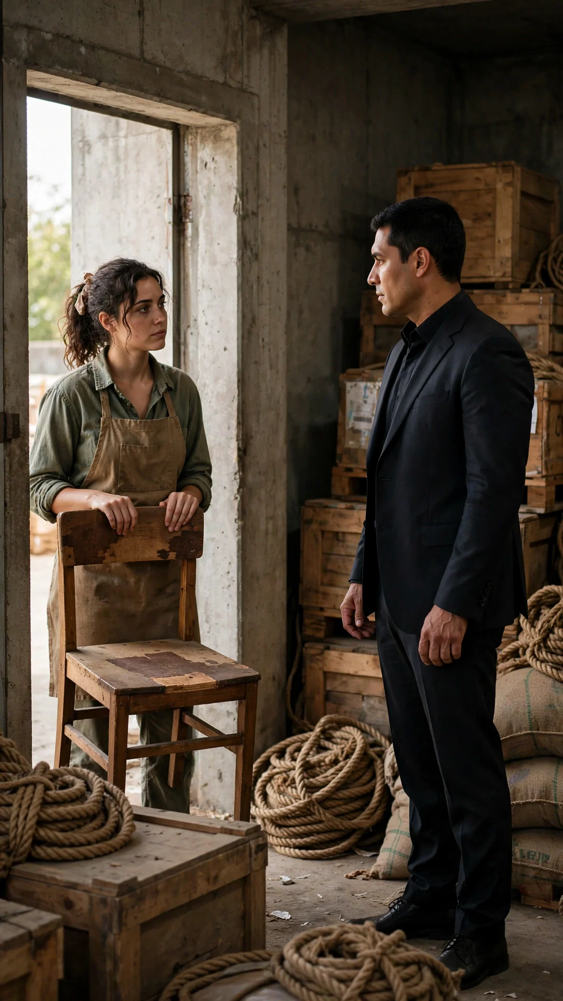 A woman in a work apron stands in a doorway holding a chair while a suited man looks at her across the room.