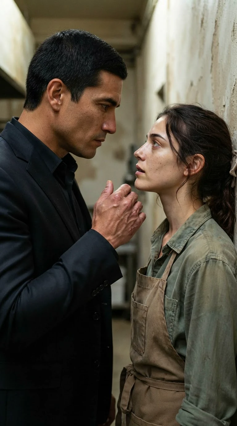 The suited man walks slowly toward the woman, close enough that his scarred knuckles are near her face.