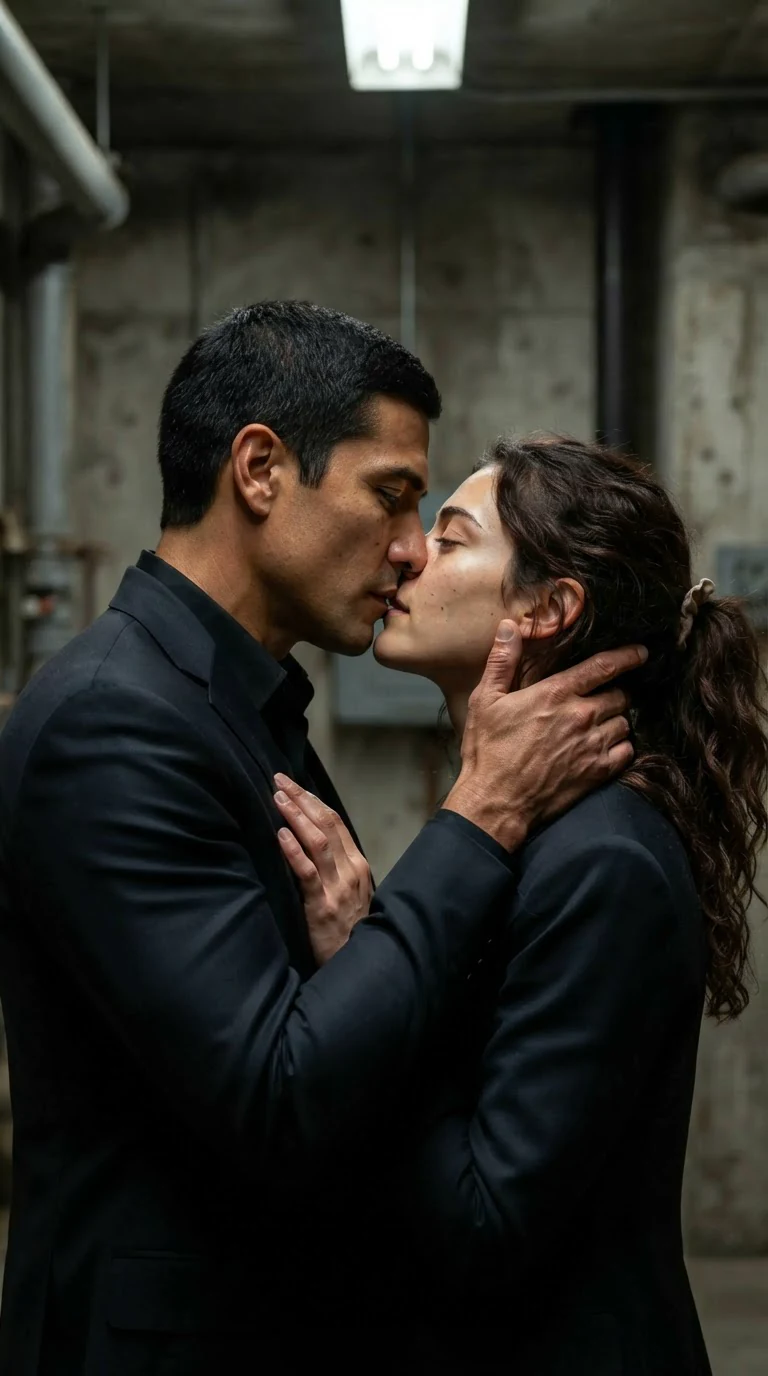 The suited man kisses the woman, his hand in her hair, tilting her head back.