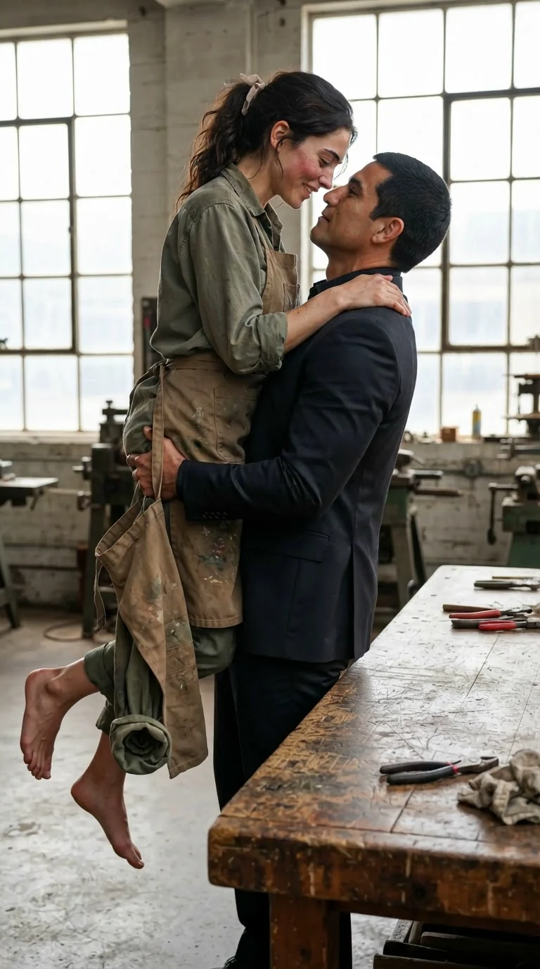 The suited man lifts the woman by the hips onto a heavy worktable, her apron in his other hand.
