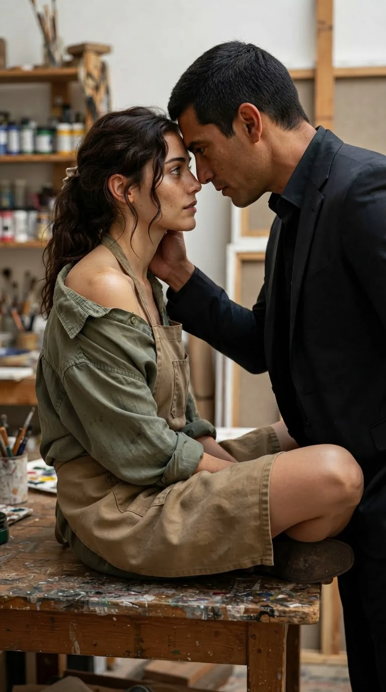 The suited man leans over the woman on the worktable, faces close, her hand on the back of his neck.