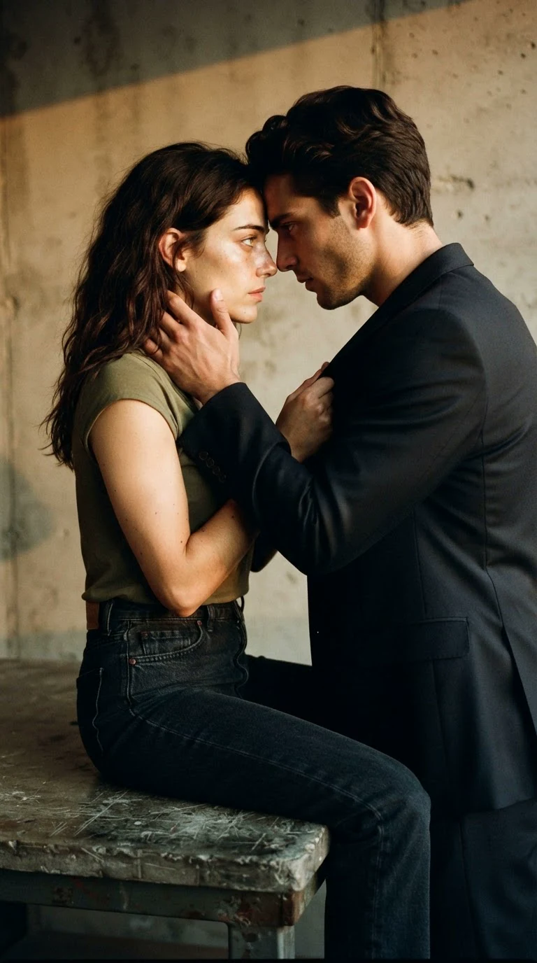 The suited man kneels beside the worktable, his face at the woman's waist, her hand in his hair.