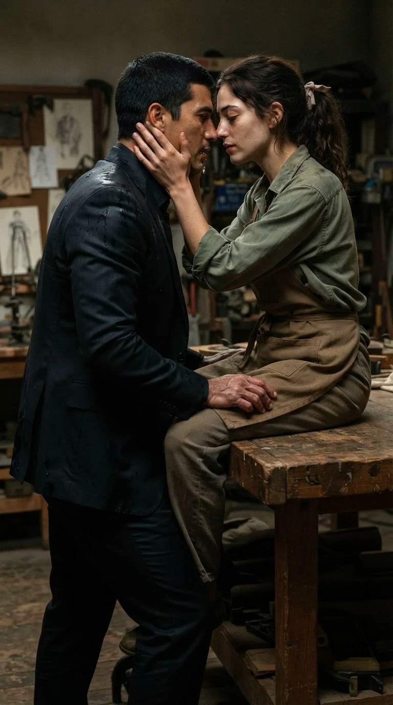 The suited man rises between the woman's knees, her hands framing his face, both still dressed.