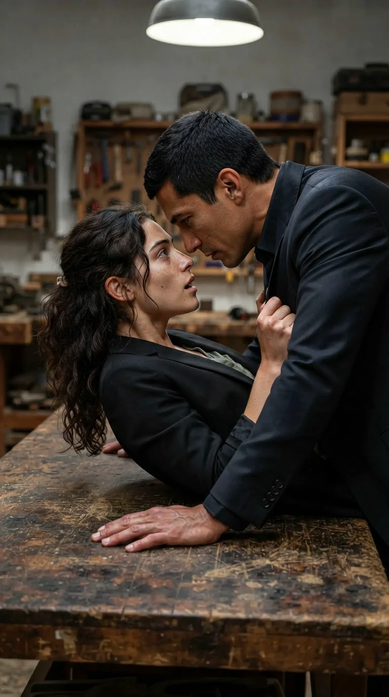 The suited man pushes into the woman on the worktable, his forehead near hers, her nails in his sleeve.