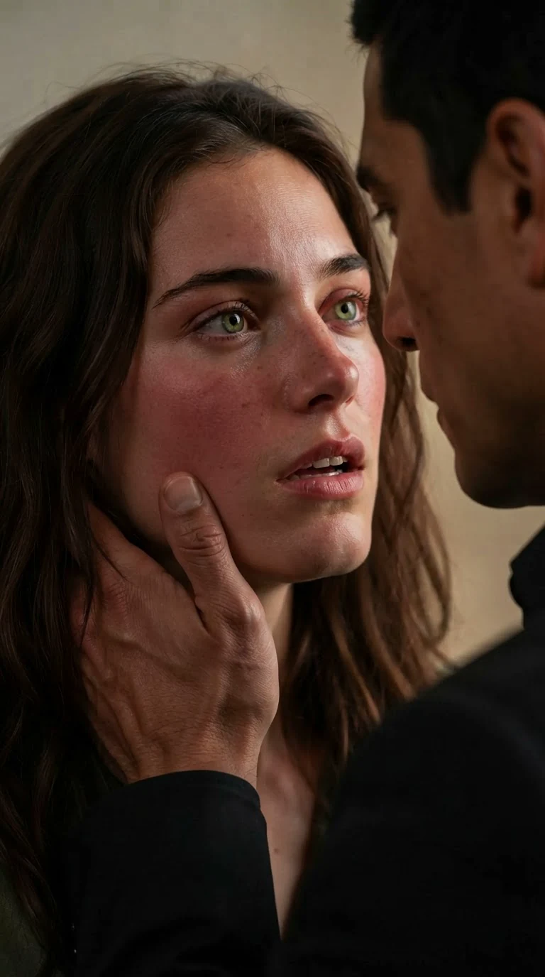 The woman's face close up as the suited man's hand tips her chin up to keep her eyes on him.