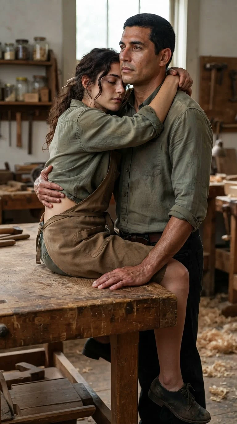 The two of them after, faces close, her forehead against his jaw, both still dressed and breathing hard.