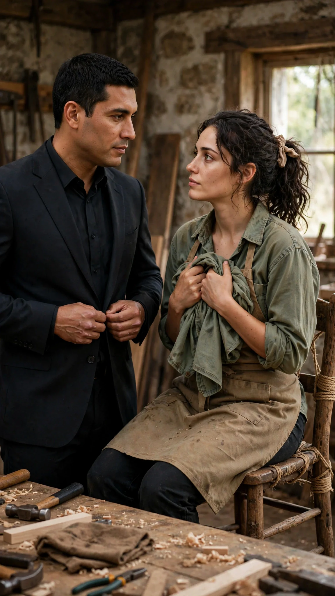 The suited man buttons his jacket while the woman sits on the worktable holding her shirt against her chest.