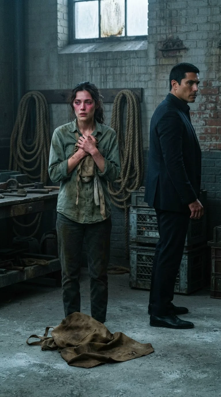 Veda stands in a cold concrete room with her shirt in her hands, a wooden worktable behind her.