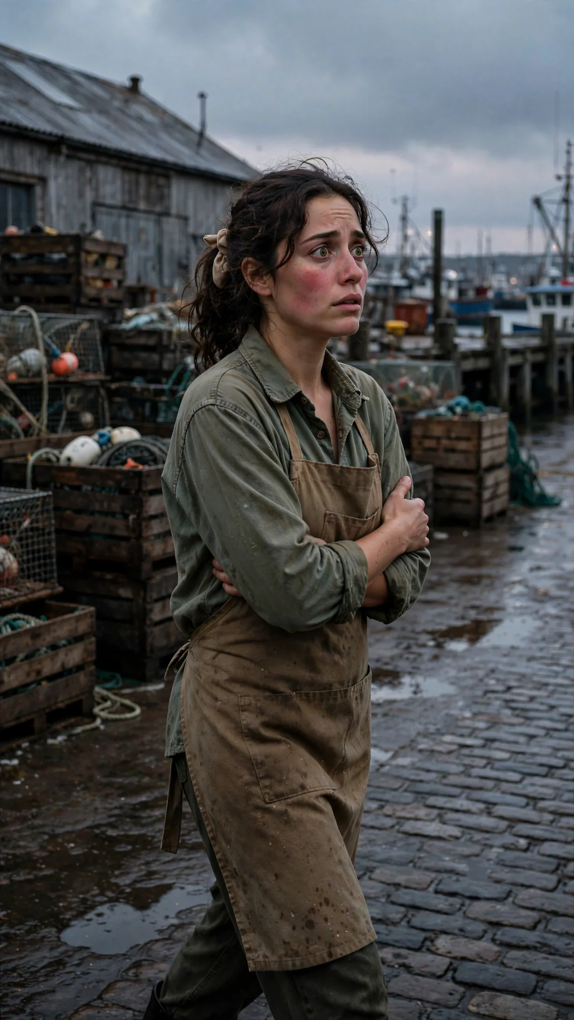Veda walks alone down a harbor street at dusk, arms wrapped around herself.