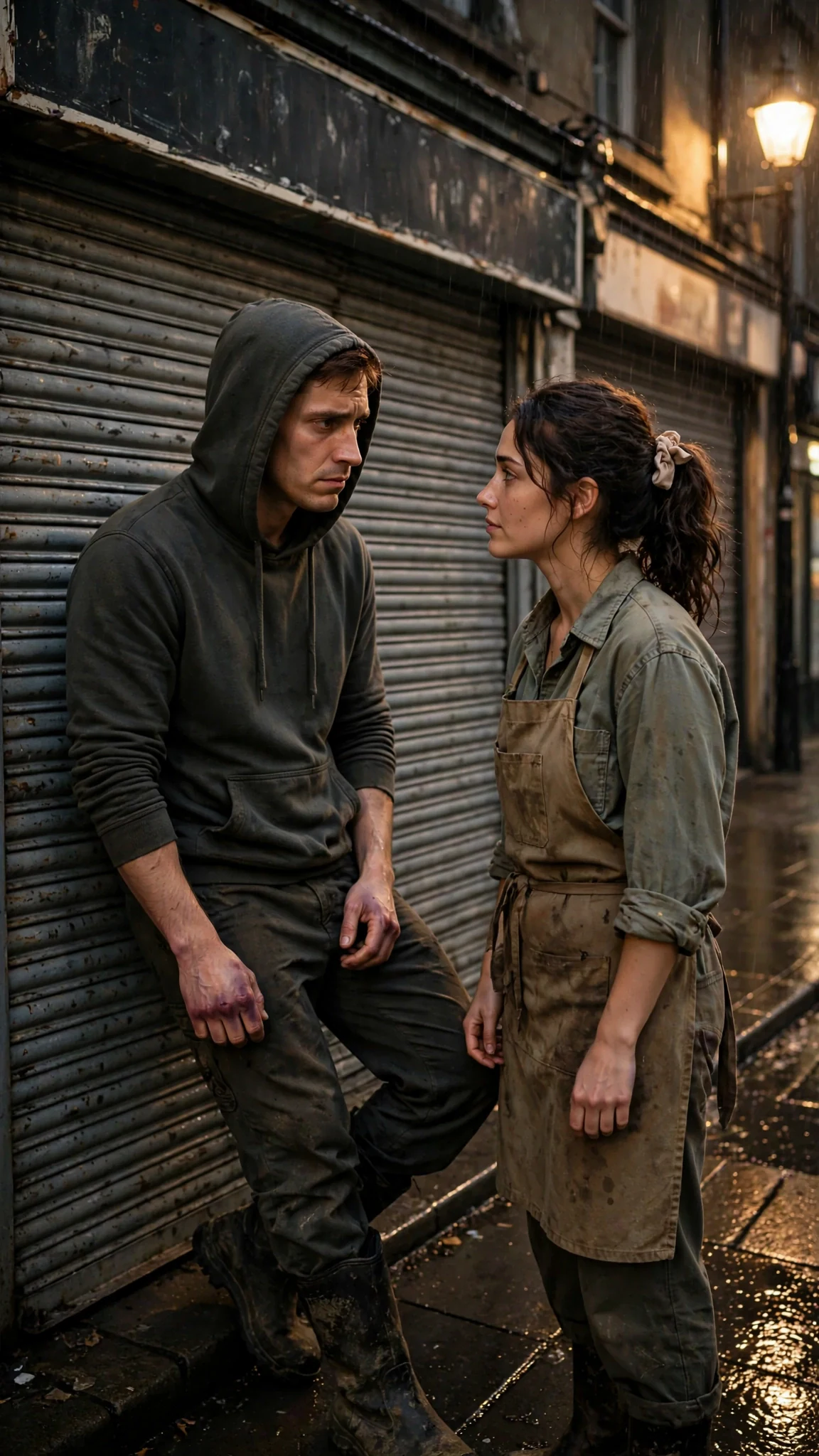 Hugo leans against the closed shutter of Veda's repair shop, hood up, watching her walk up.