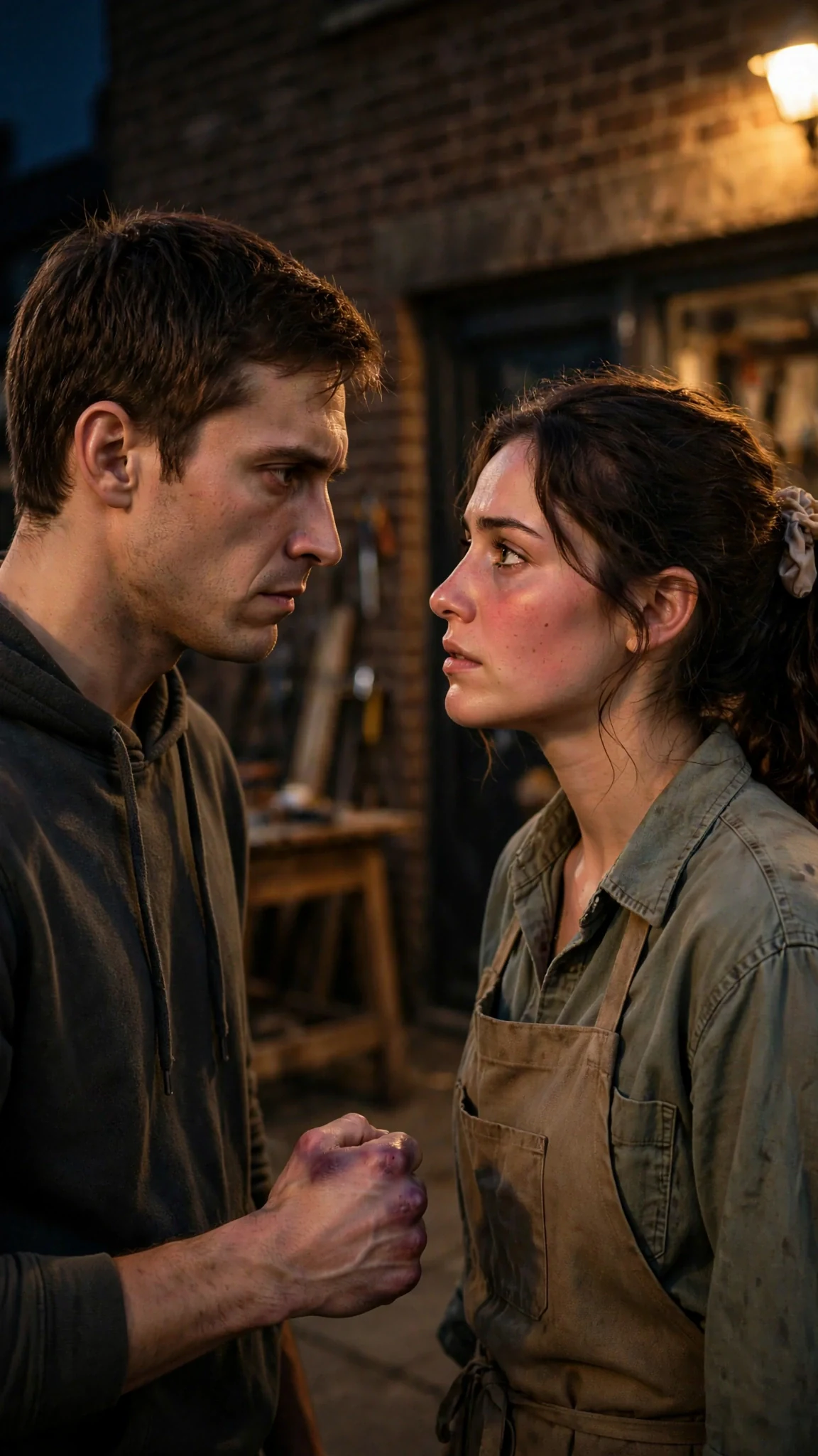 Close two-shot of Hugo and Veda on the street, him angry, her chin up.