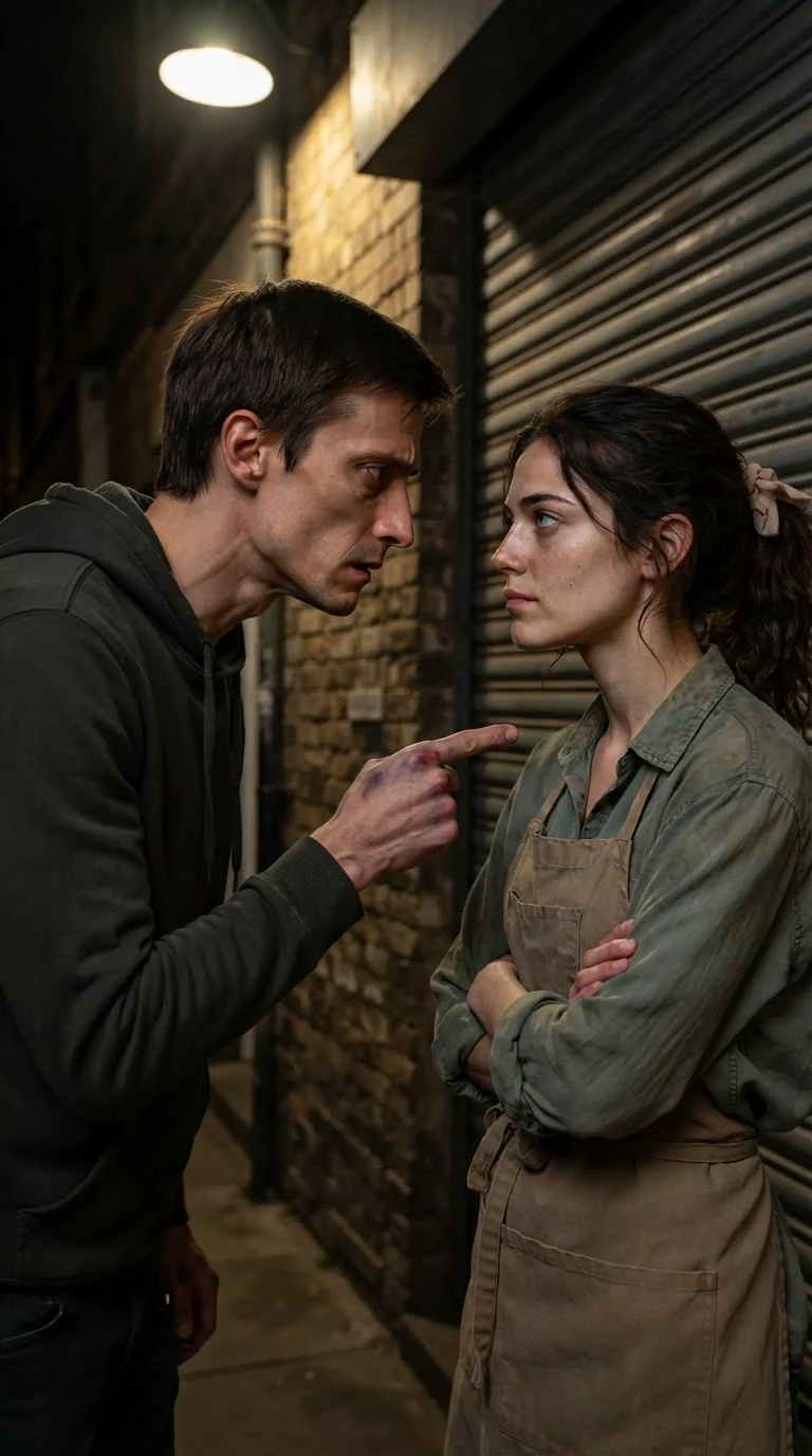 Hugo points a finger at Veda, his face close and serious.