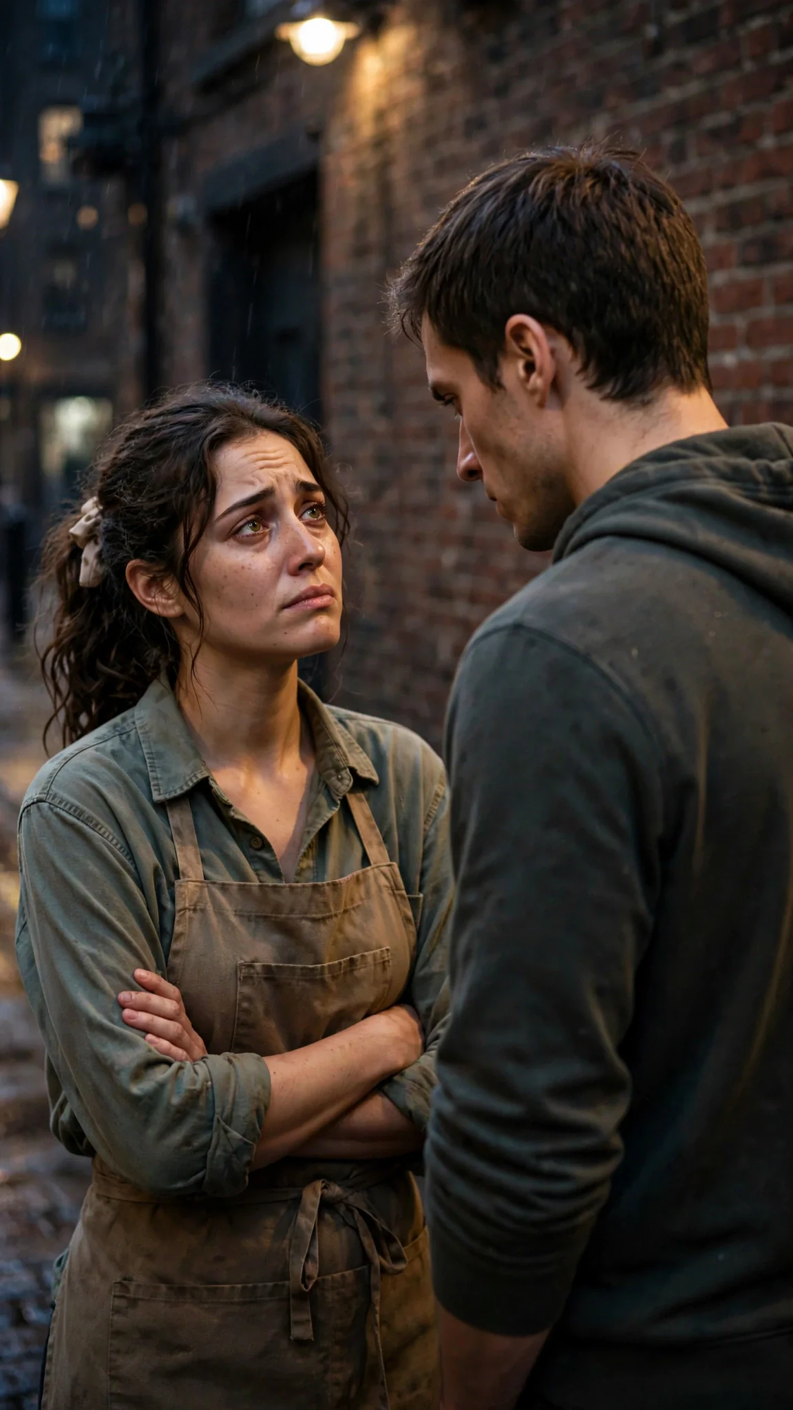 Veda looks up at Hugo, her arms still crossed, hurt in her eyes.