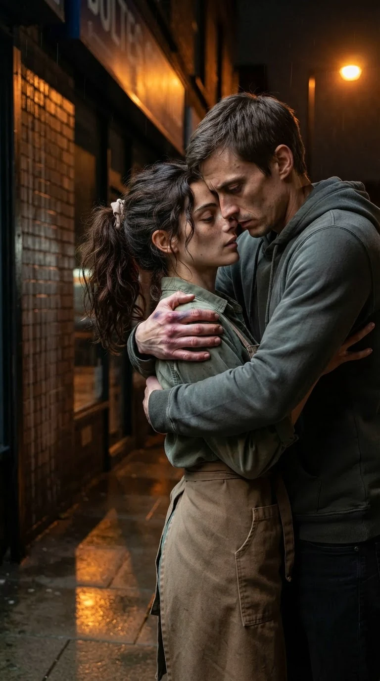 Hugo hugs Veda hard on the street, then walks away.