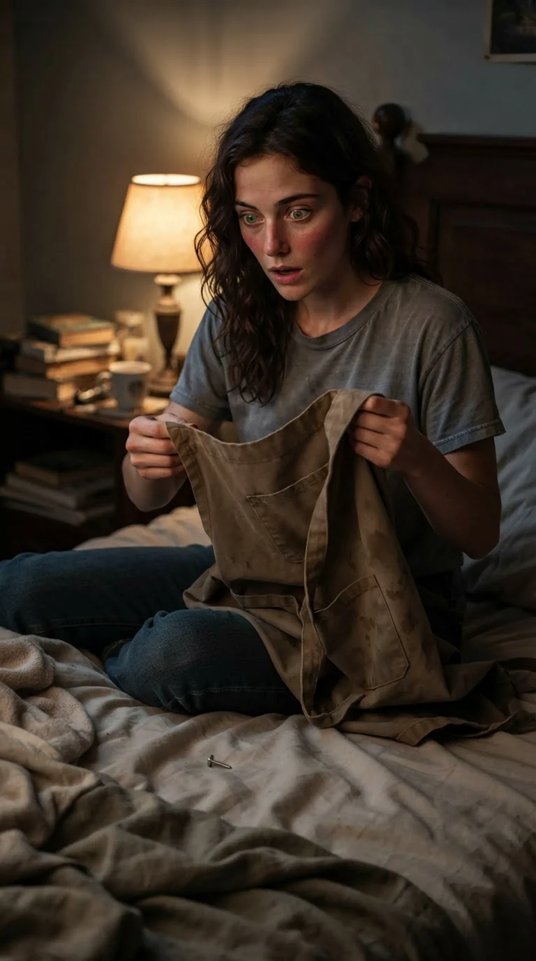 Veda lifts her apron in a small dark bedroom, something metal falling out.