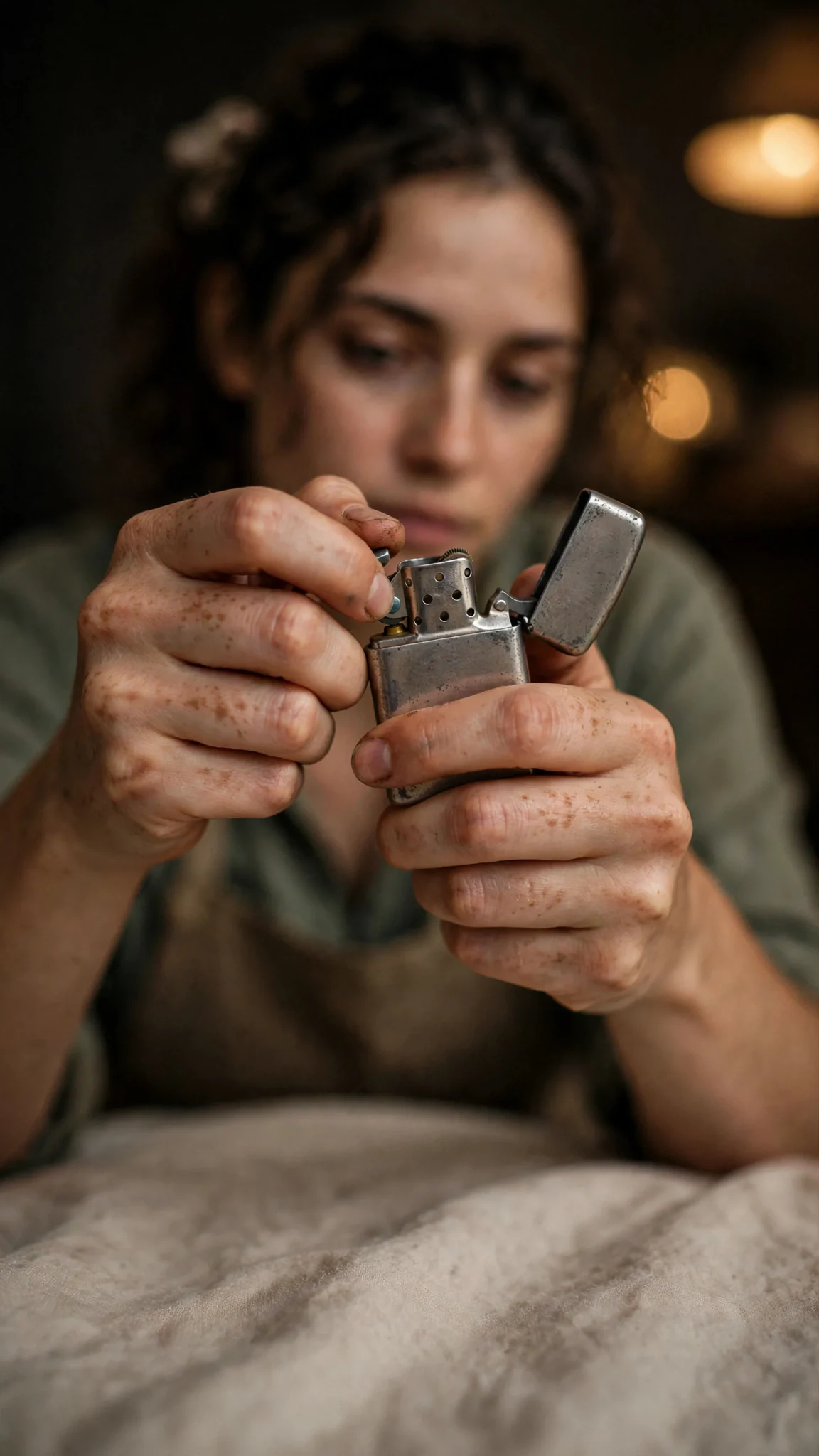 Close-up of Veda's hands turning a worn silver lighter in the lamplight.