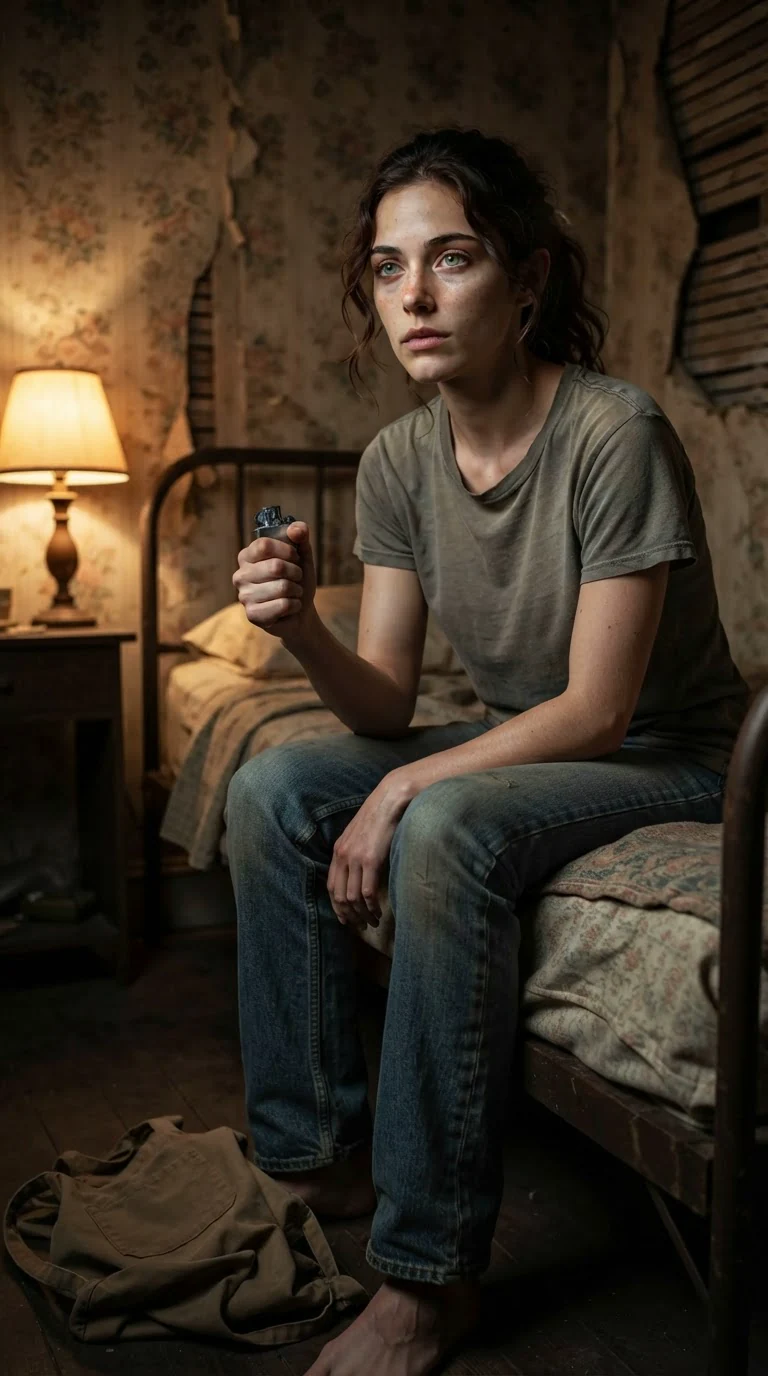 Veda sits on the edge of her bed holding the lighter, thinking.