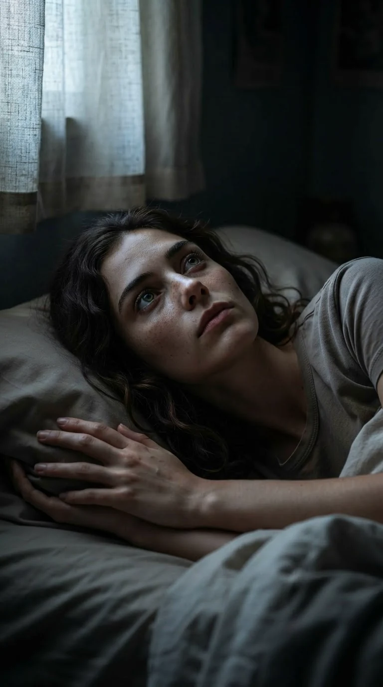 Veda lies in bed in the dark, hand under her pillow.