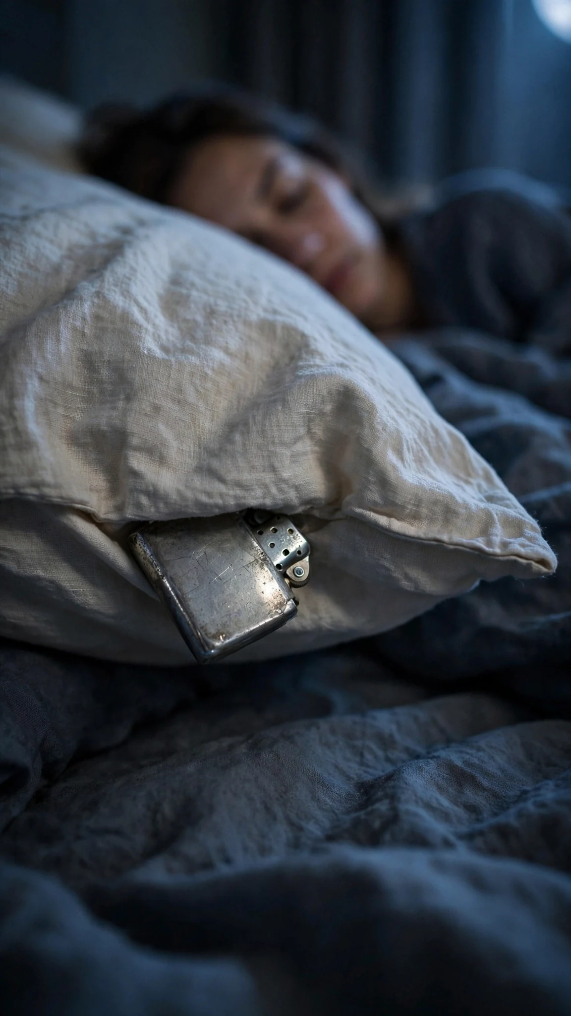 The silver lighter sits under the edge of Veda's pillow on the bed.