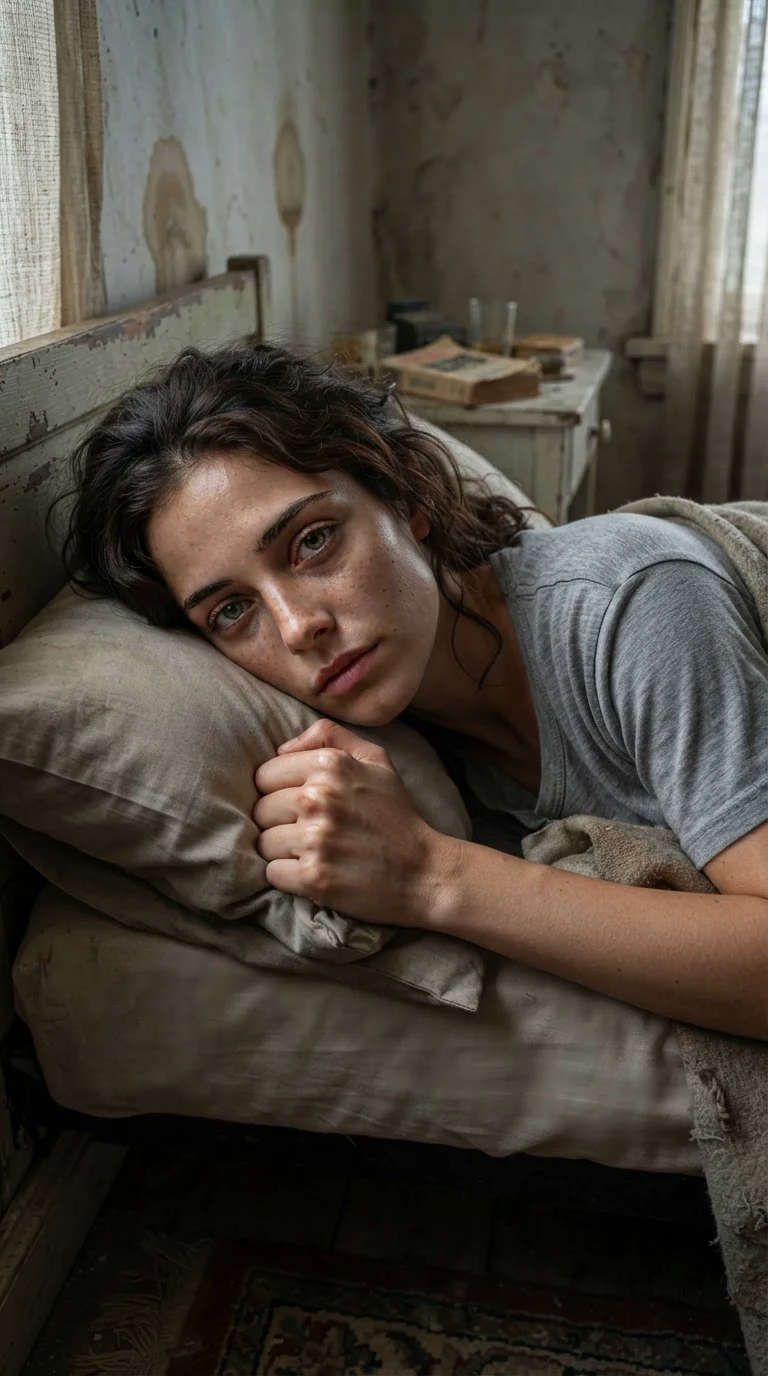 Morning light on Veda's face as she wakes with her fist closed around the lighter.