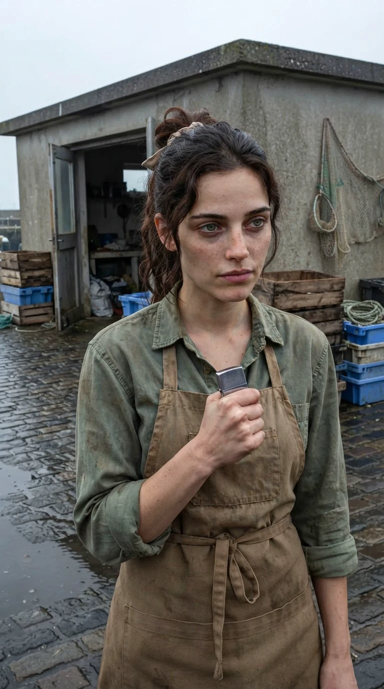 Veda stands outside the receiving house at the harbor with a silver lighter closed in her fist.
