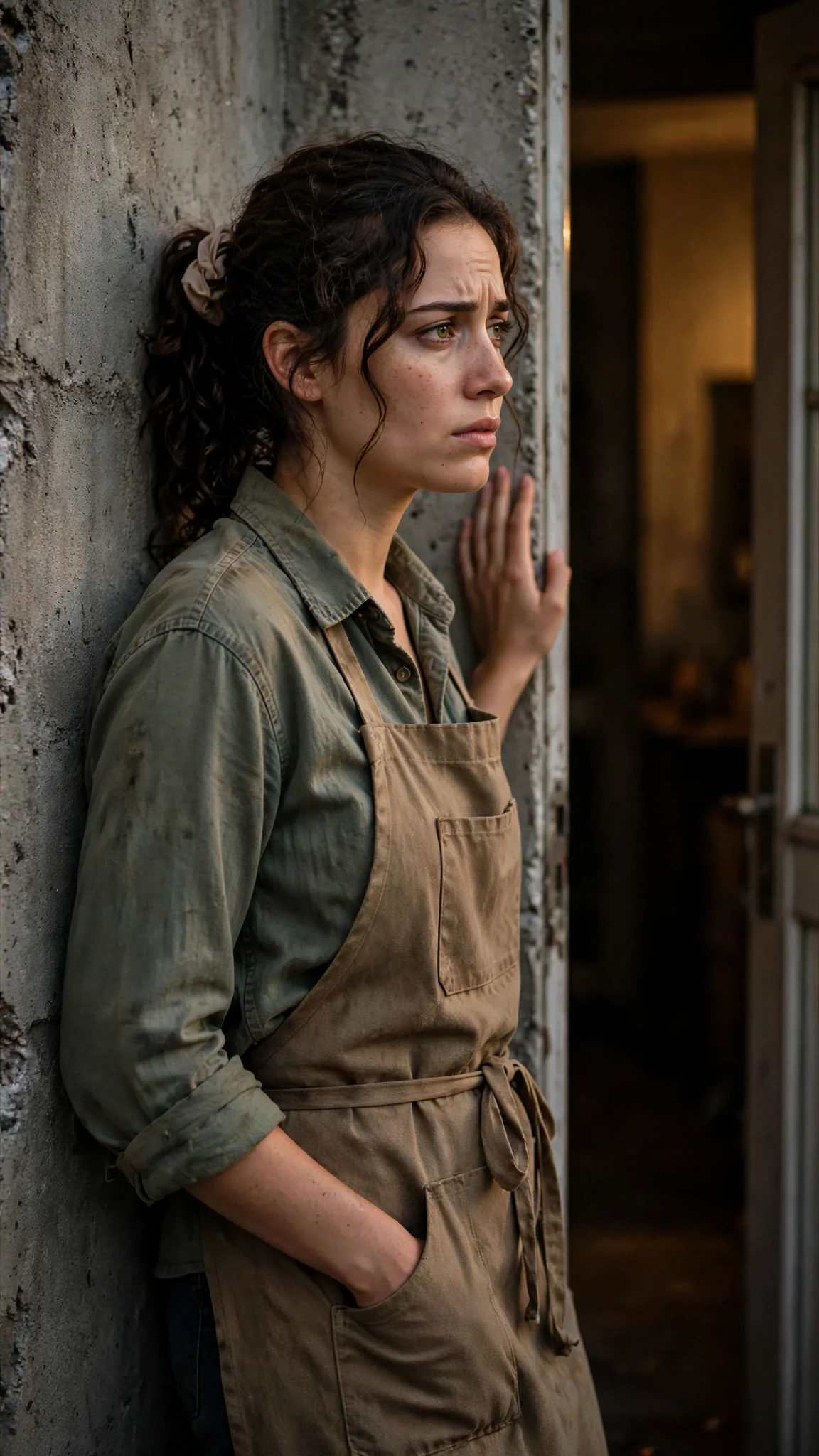 Veda leans against the concrete wall by the open door, listening to voices inside.