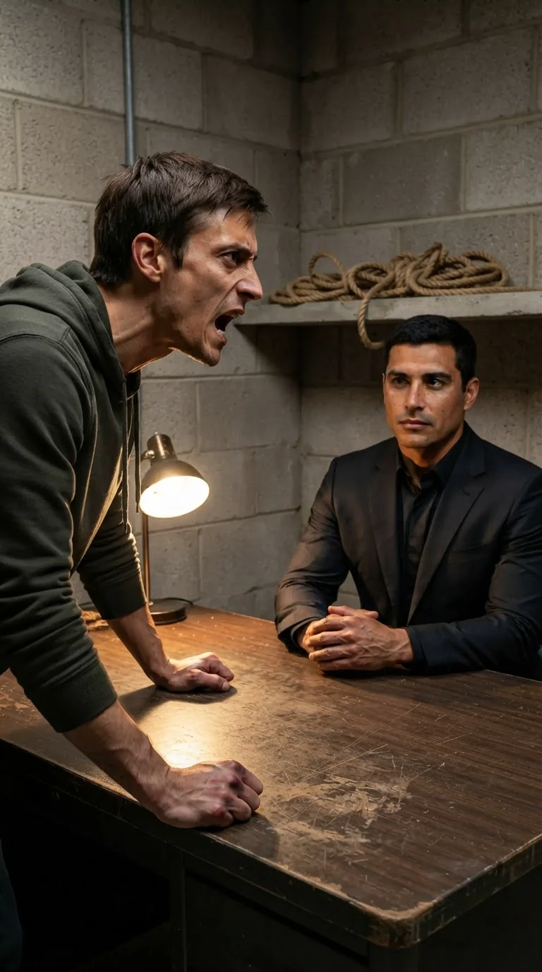 Hugo argues in the concrete office, leaning toward a tall man in a dark suit behind a desk.