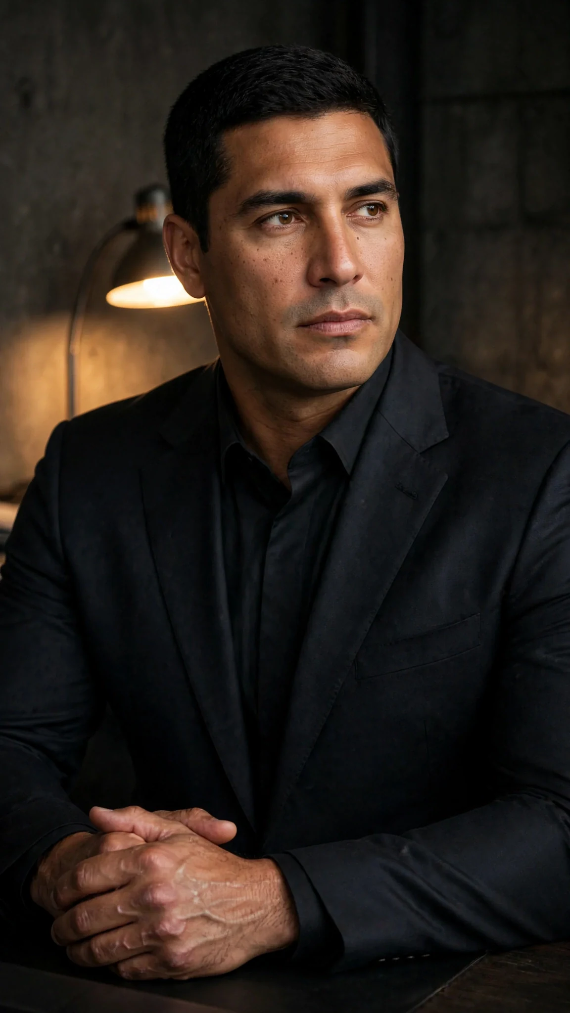 The man in the suit answers Hugo without raising his voice, hands folded on the desk.