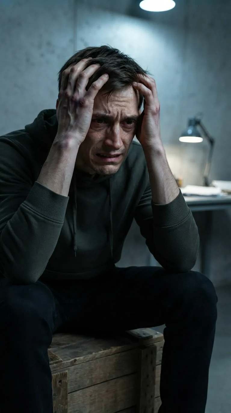 Hugo sits down heavily on a wooden crate, head in his hands.