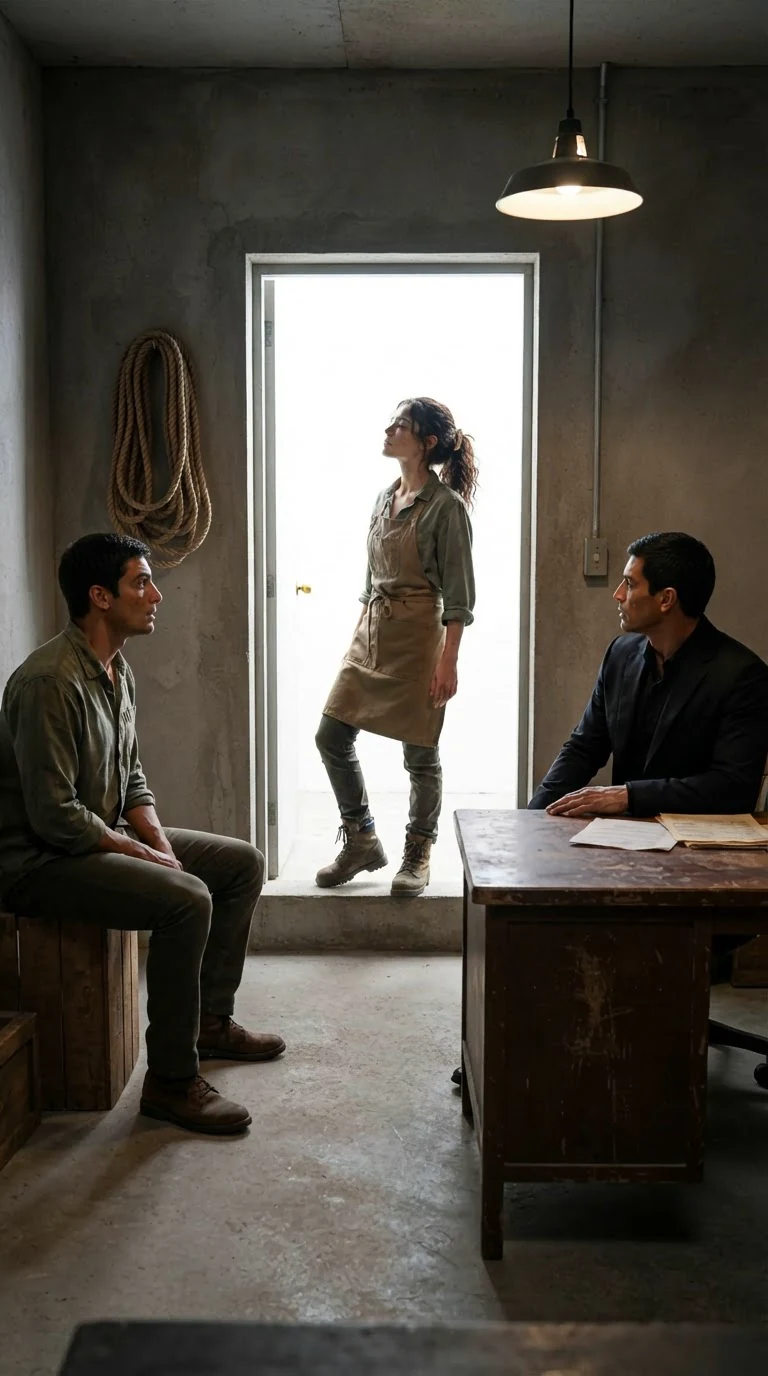 Veda steps through the doorway into the office; both men turn to look at her.