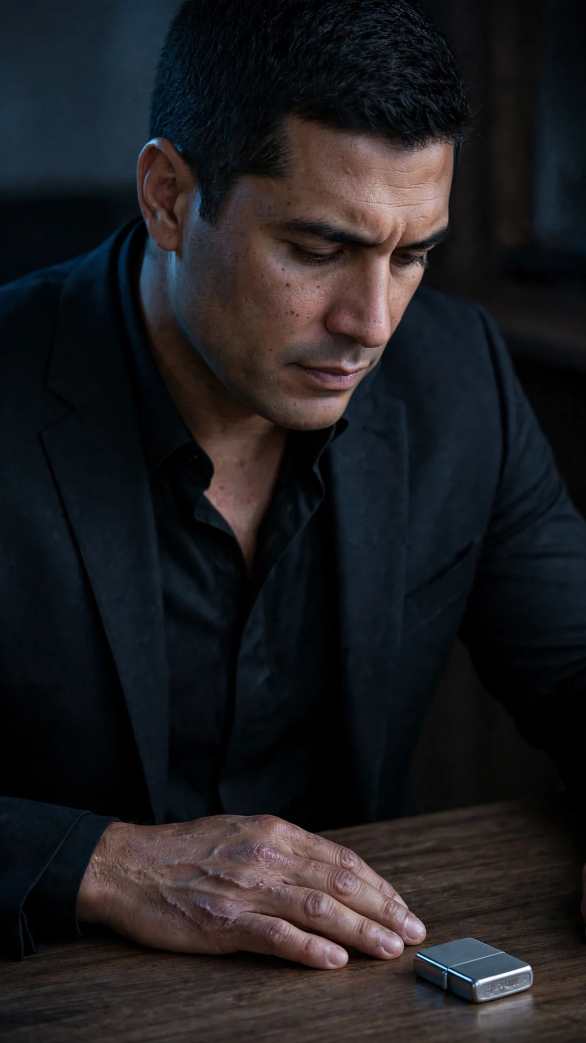 Aurelio stares at the lighter, jaw working, refusing to pick it up.