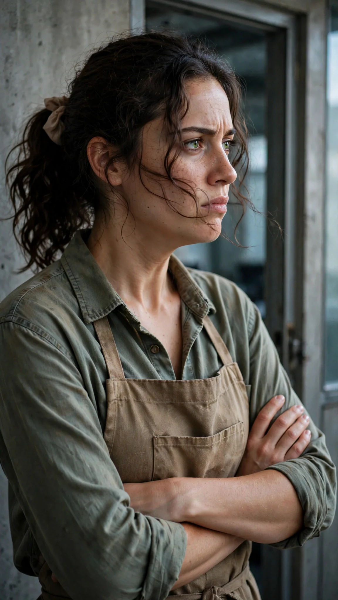 Veda turns her face away, arms crossed hard over her apron.