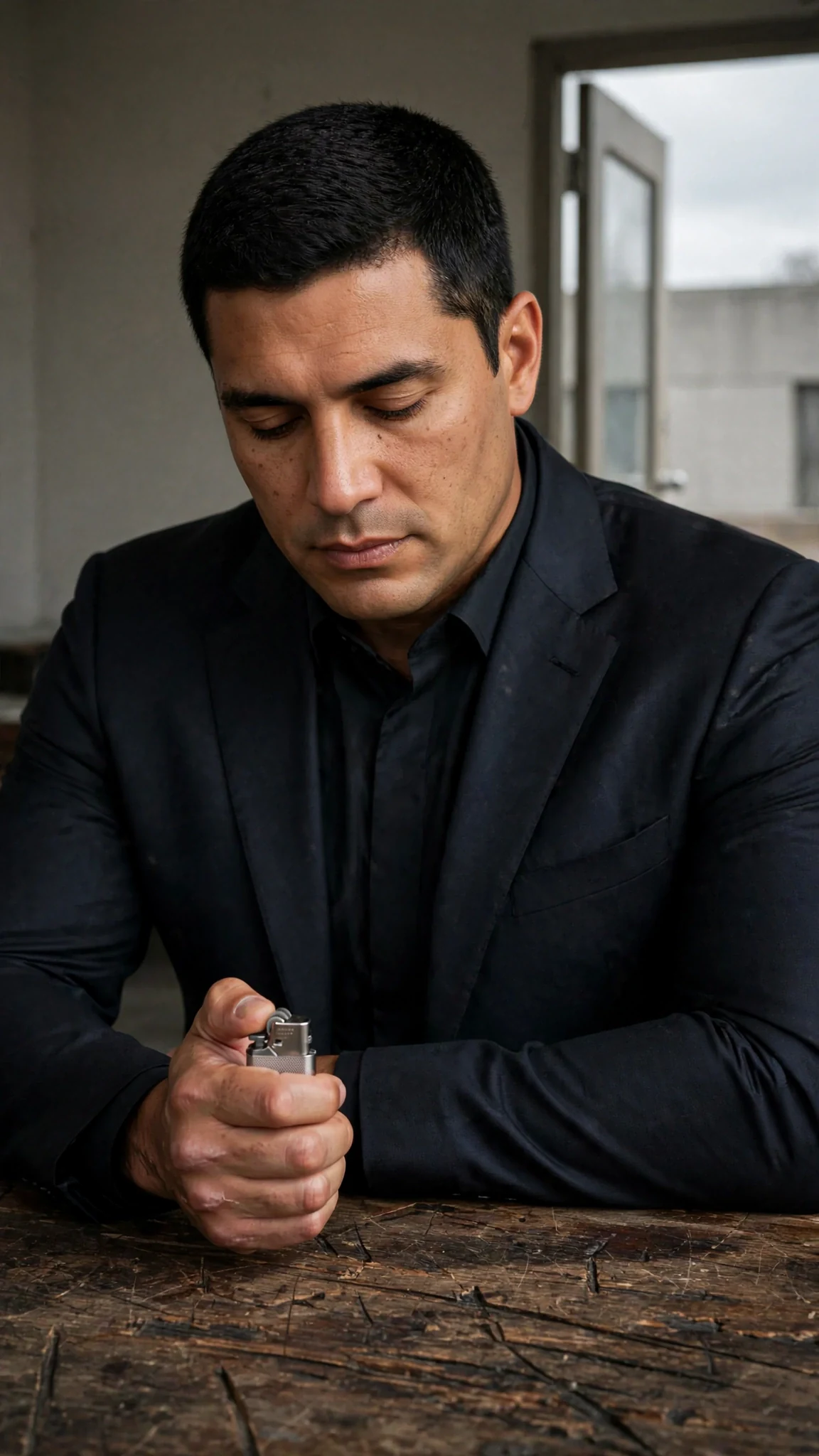 Aurelio alone at the desk, the lighter in his hand, thumb resting on the wheel.