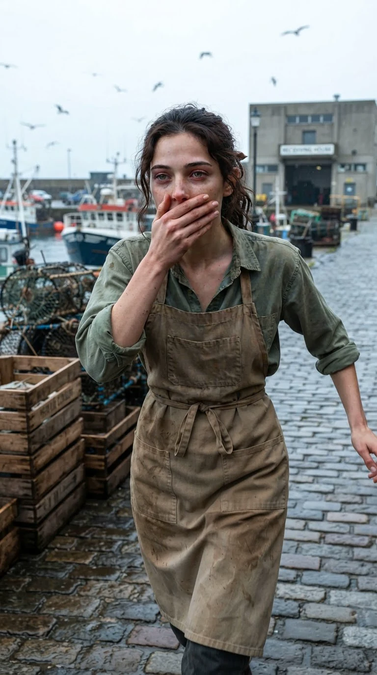 Veda walks fast along the wet harbor, one hand pressed over her mouth.