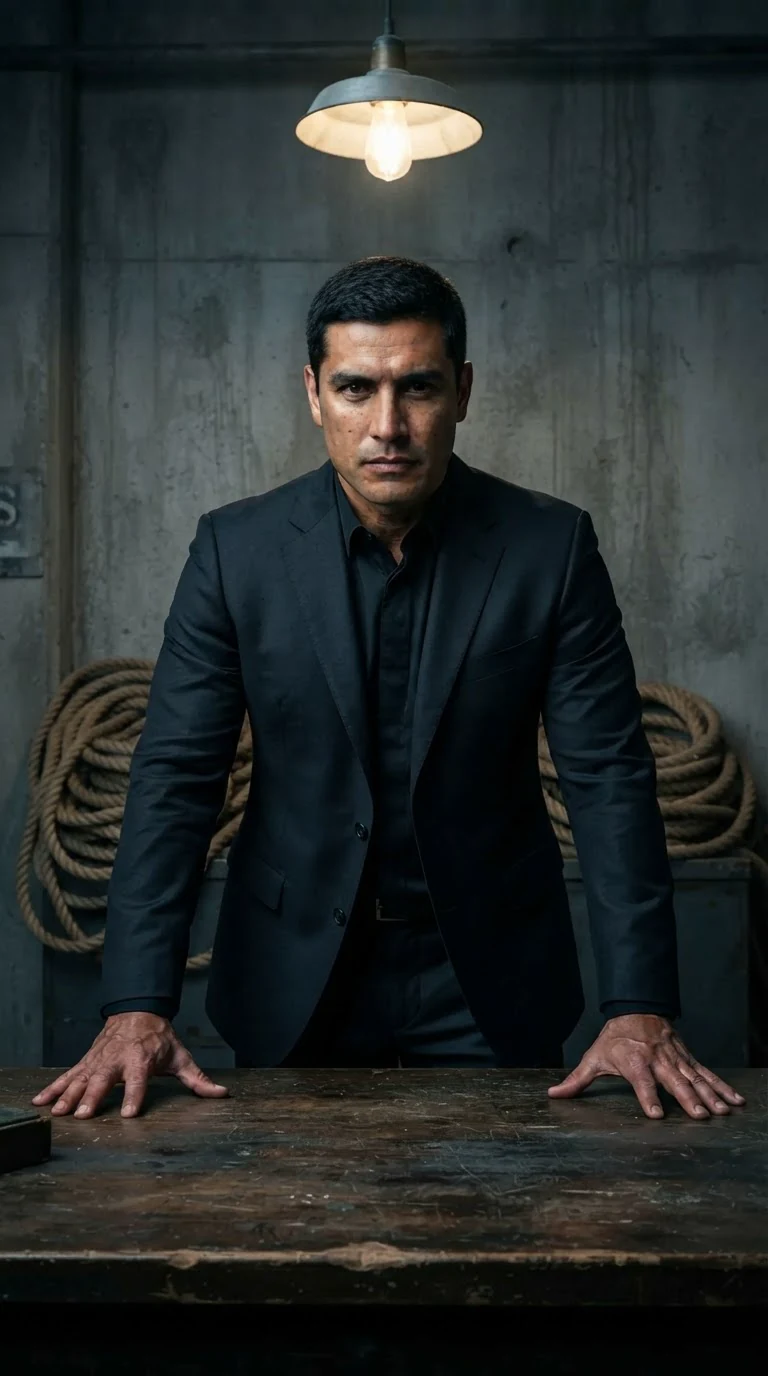 A tall man in a dark suit stands alone behind a wooden desk in a concrete receiving house, his hands flat on the wood.