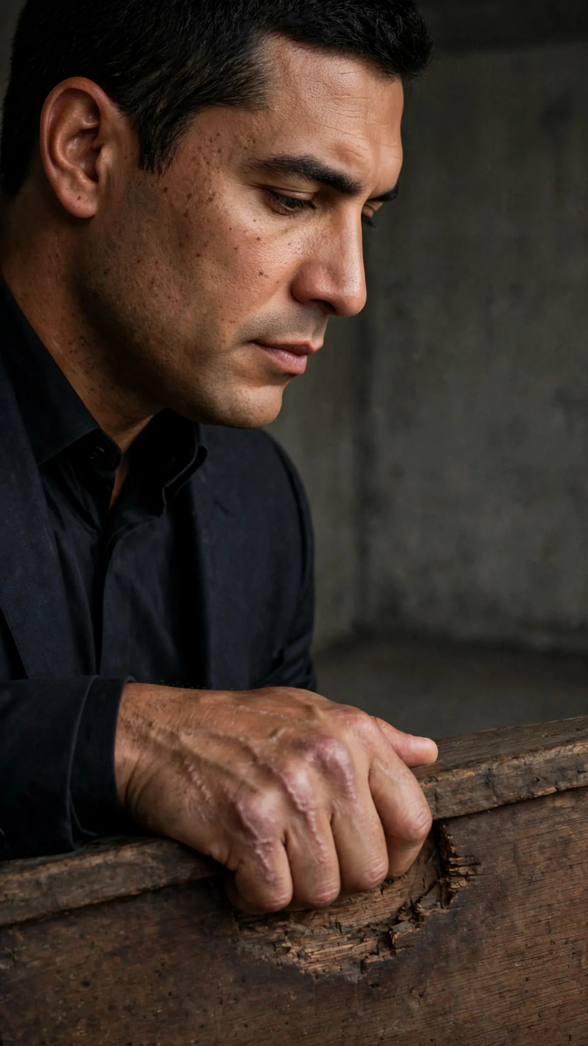 Close view of a man's scarred hand pressing a dent into the edge of a wooden desk.