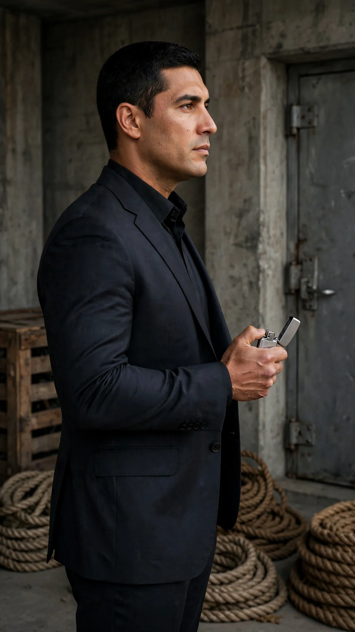 The man stands with his back to the door, a silver lighter clicking in his hand.