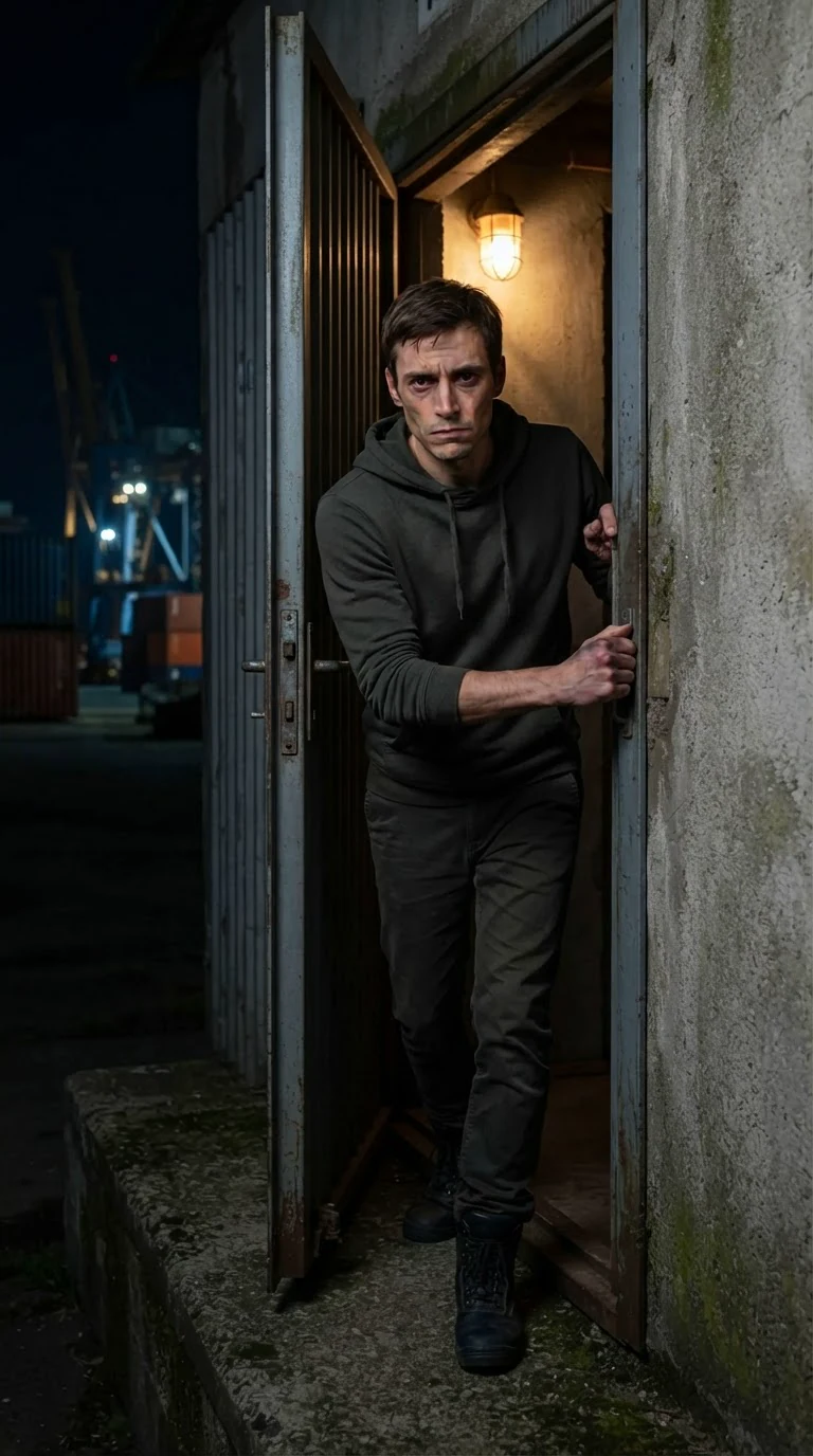 A lean man in a hoodie comes through the side door of the receiving house at night, eyes red.