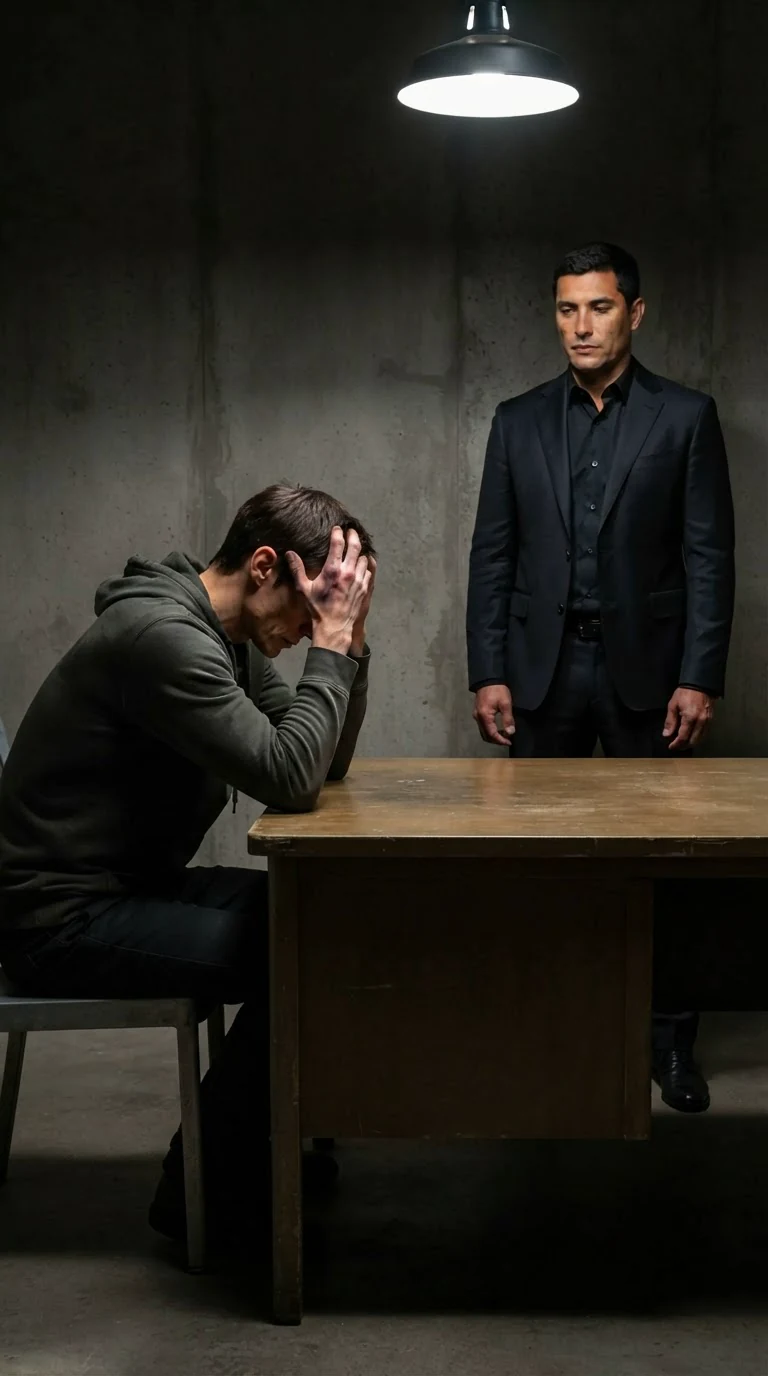 The younger man sits with his head in his hands while the suited man watches from the other side of the desk.