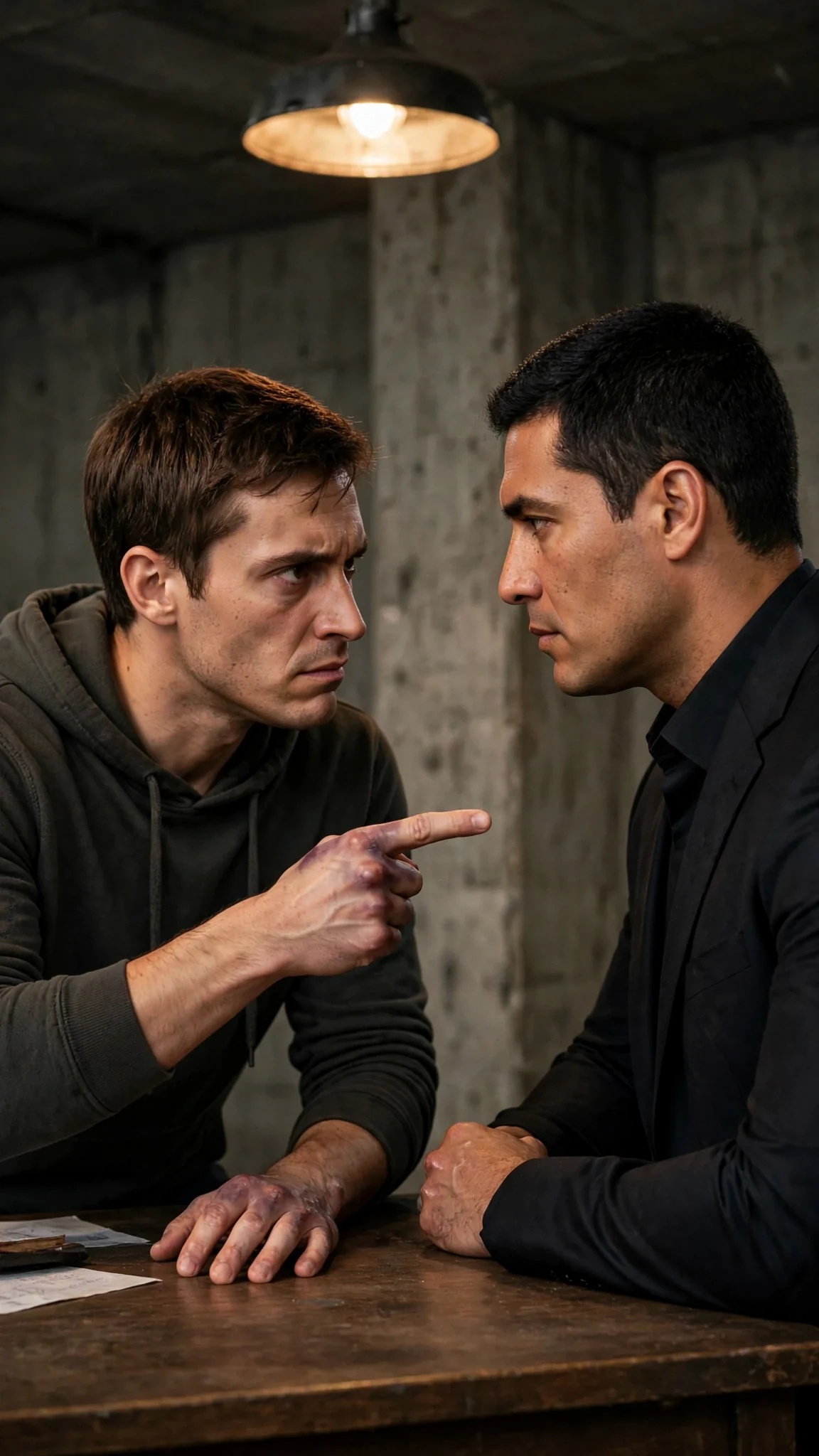 The younger man leans forward over the desk, accusing, and the taller man does not step back.