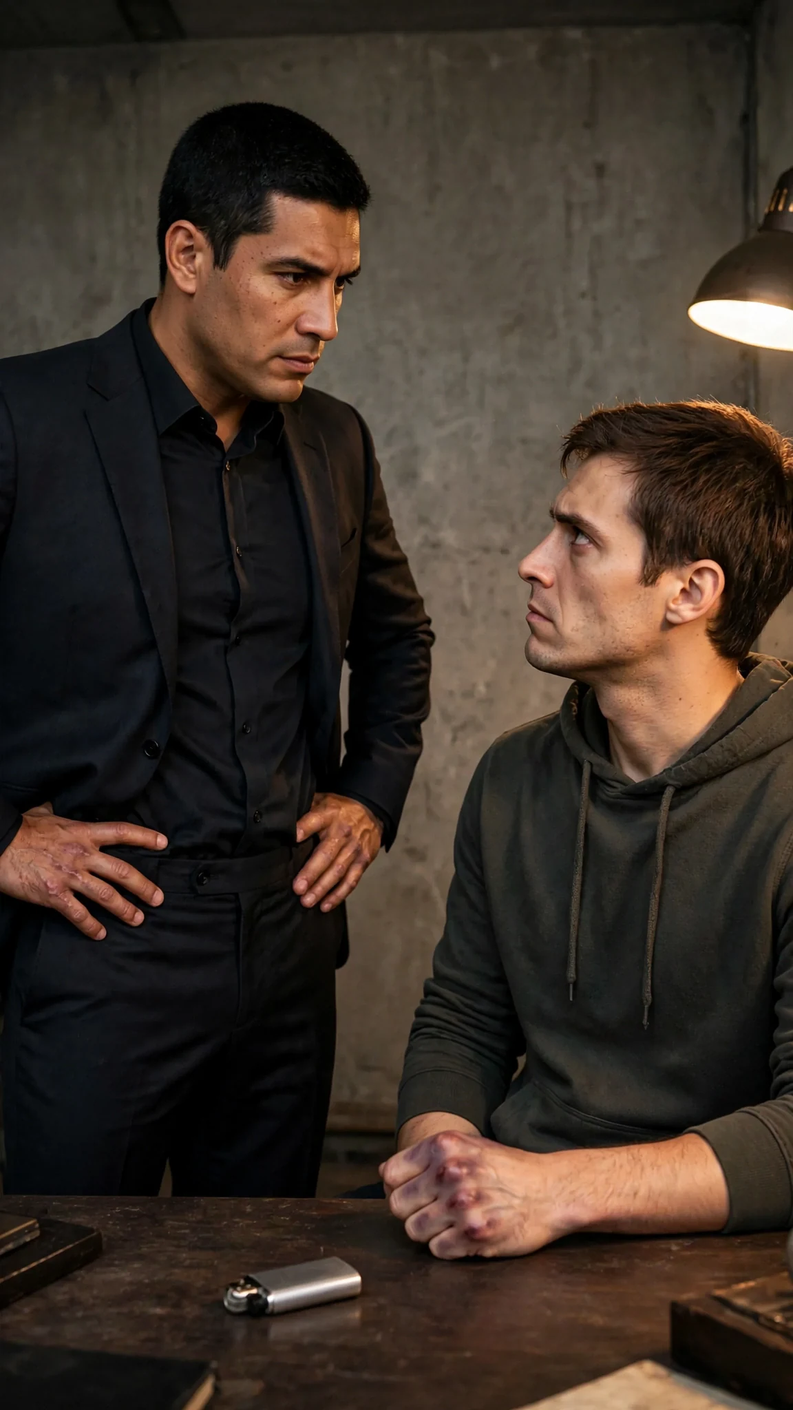 The suited man speaks flatly, eyes hard, and the younger man stares at him.
