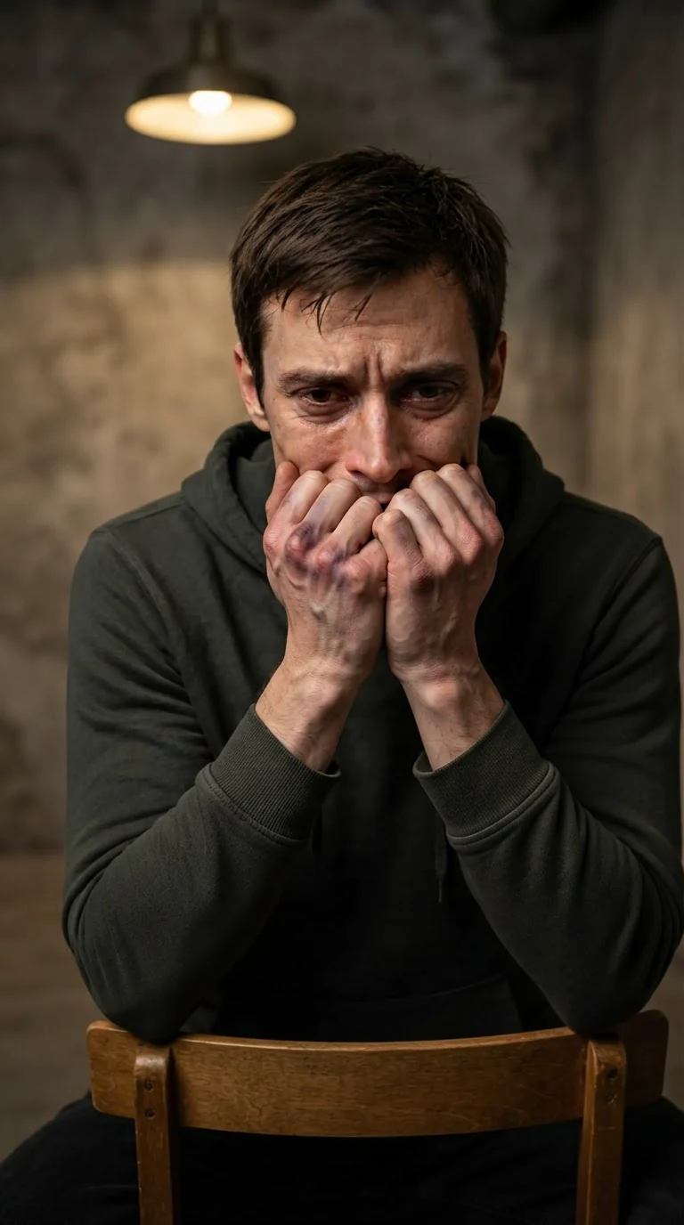 The younger man's face crumples as he talks into his hands.