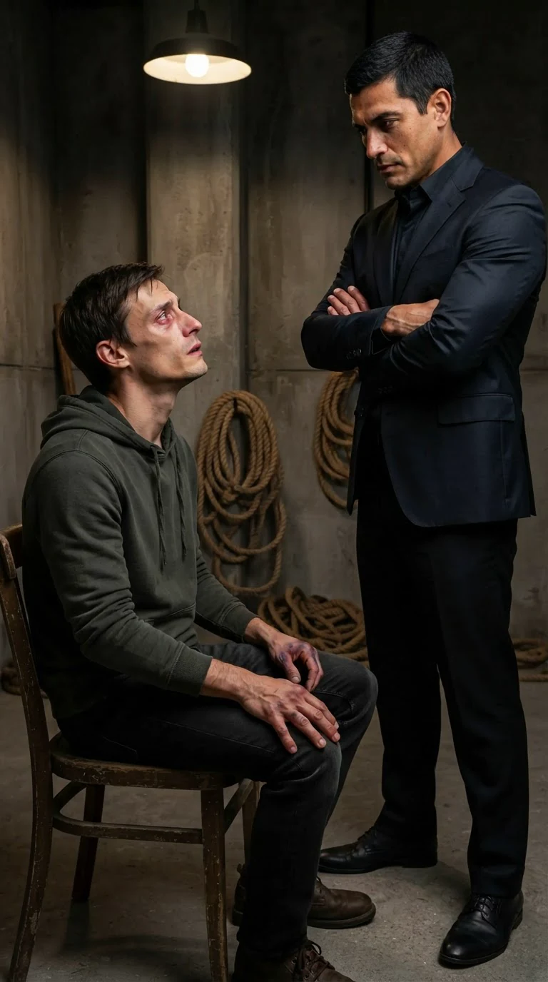 The seated man looks up, wet-eyed, while the taller man stands very still.
