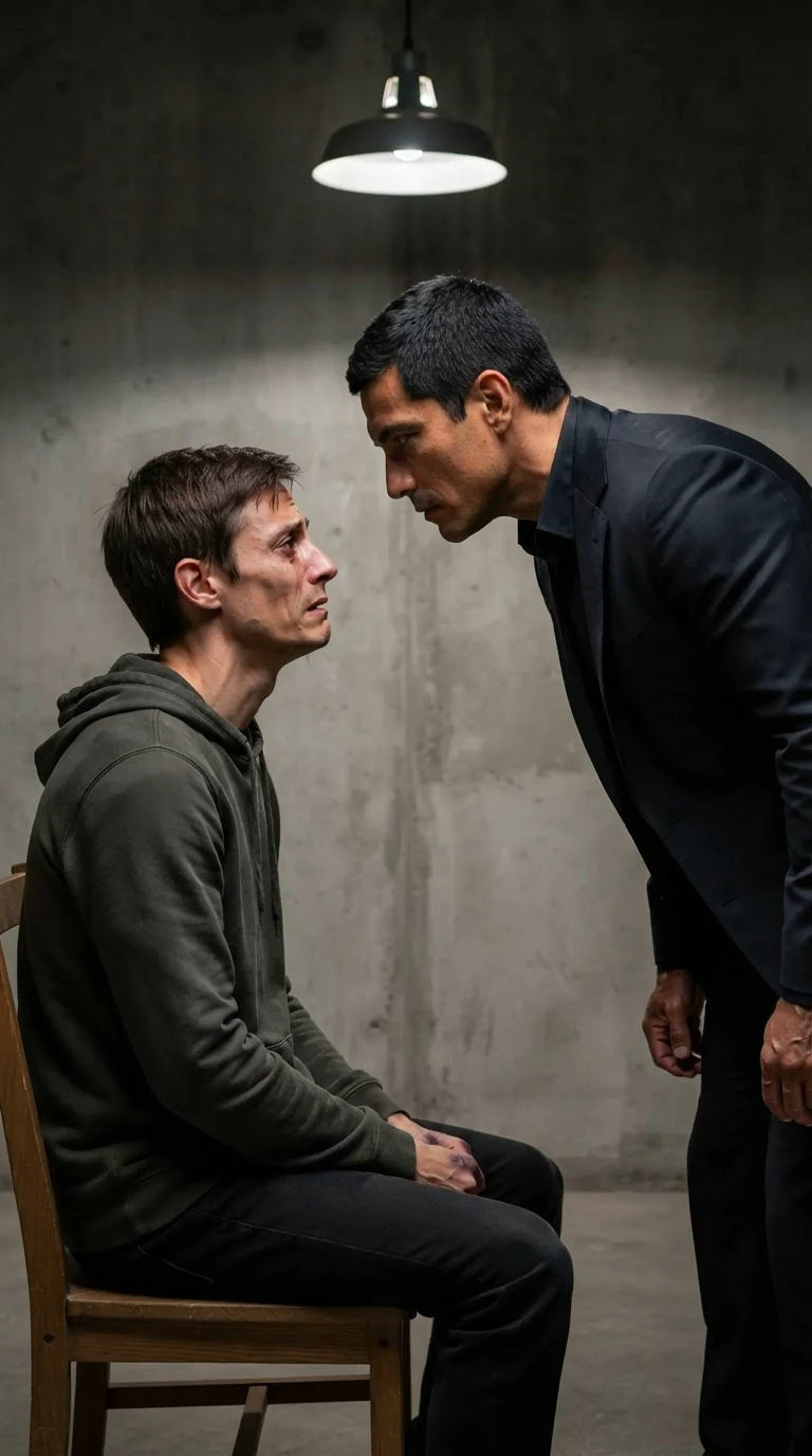 The taller man leans down slightly, eyes level with the crying man's.