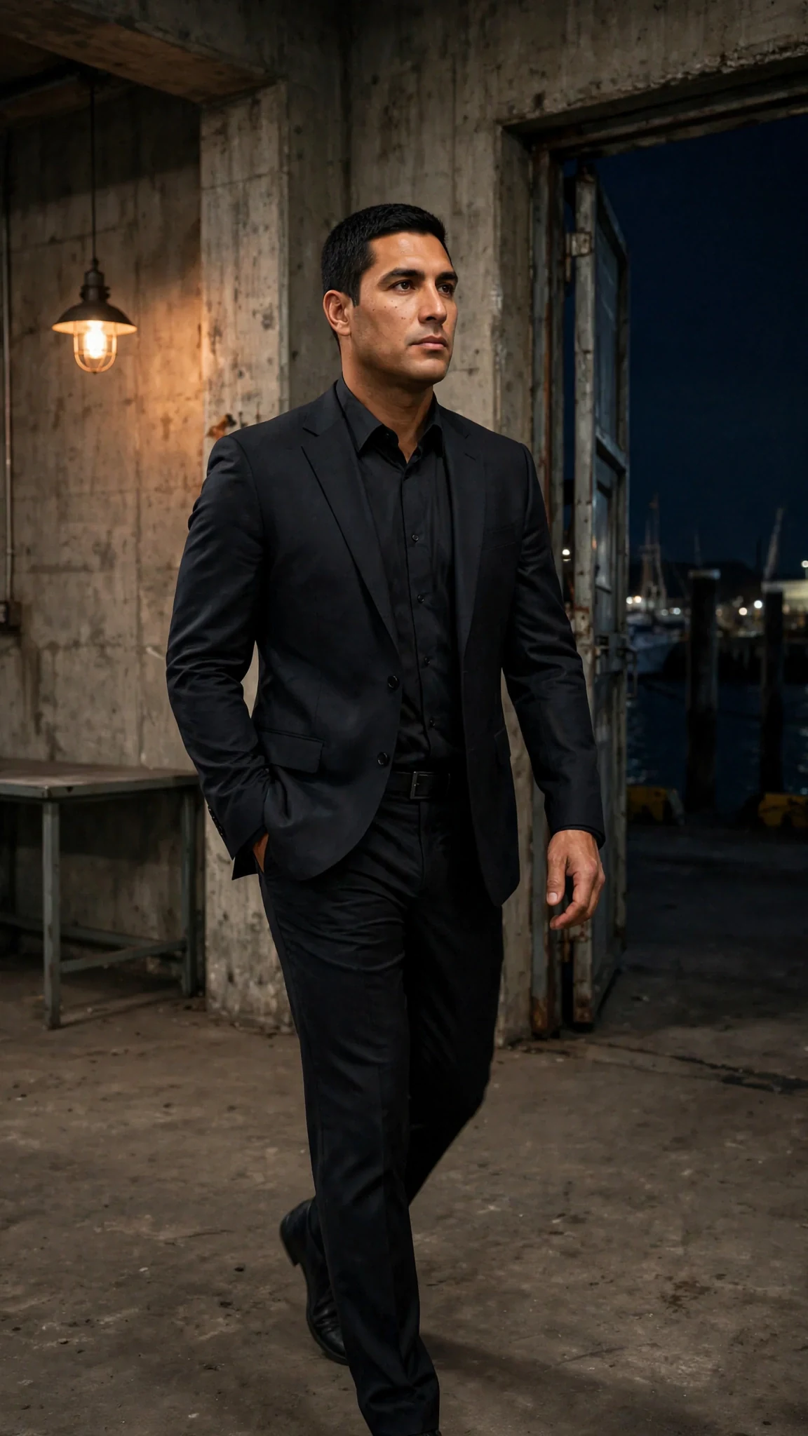 The man walks toward the door with the lighter gone into his pocket, jaw set.