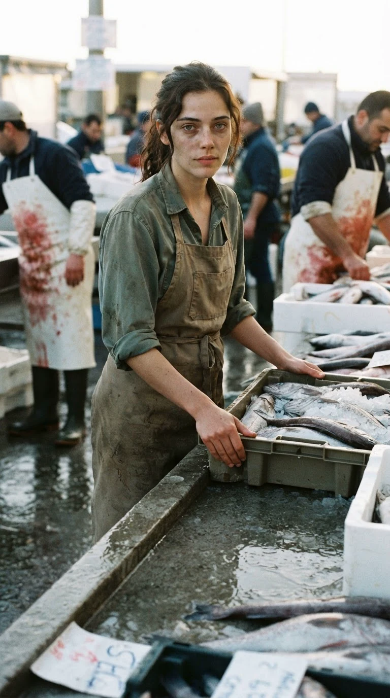 A tired woman in a work shirt and apron stands at a wet fish market counter at dawn.