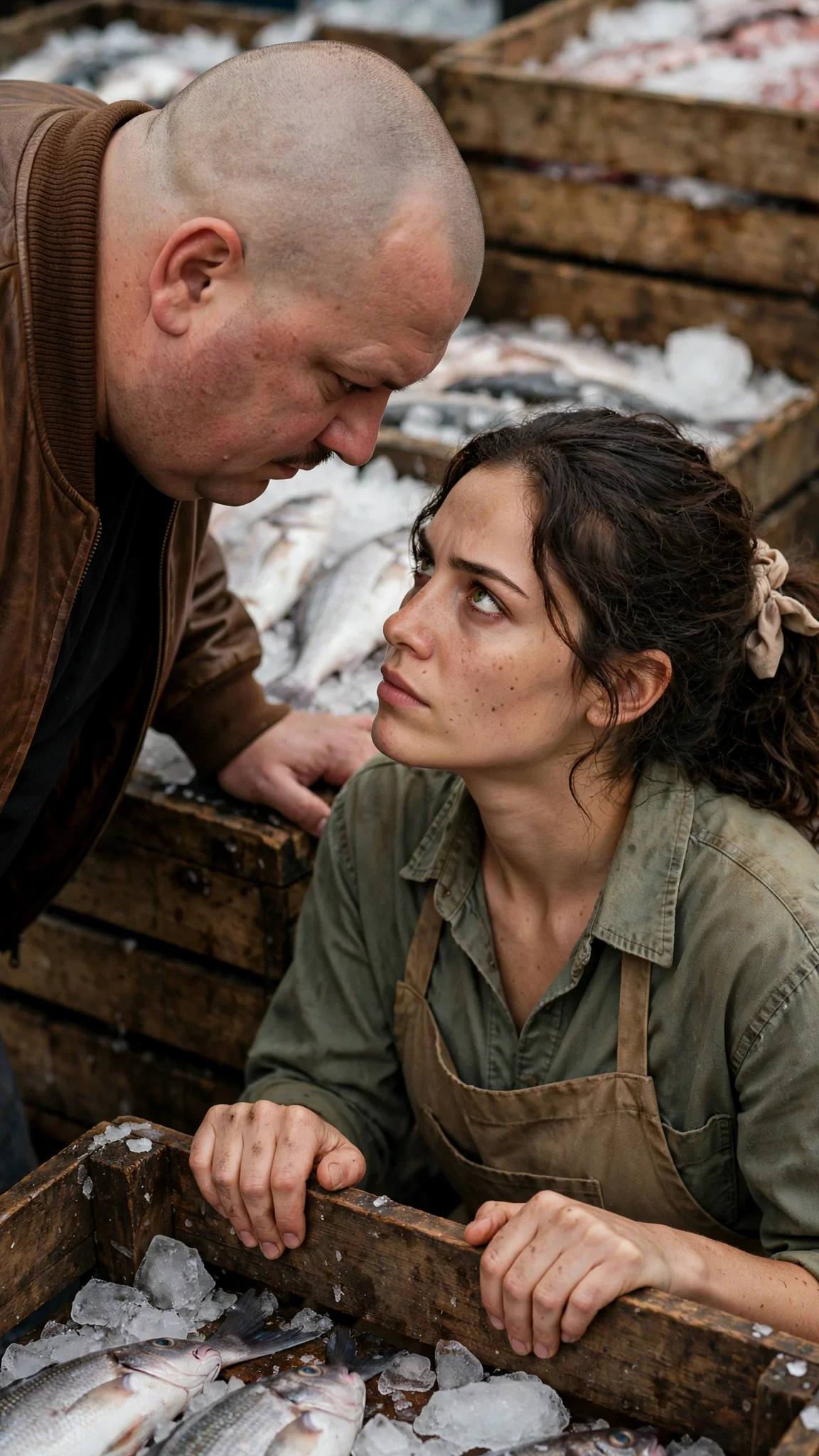 The heavy man leans down into the woman's face and speaks.