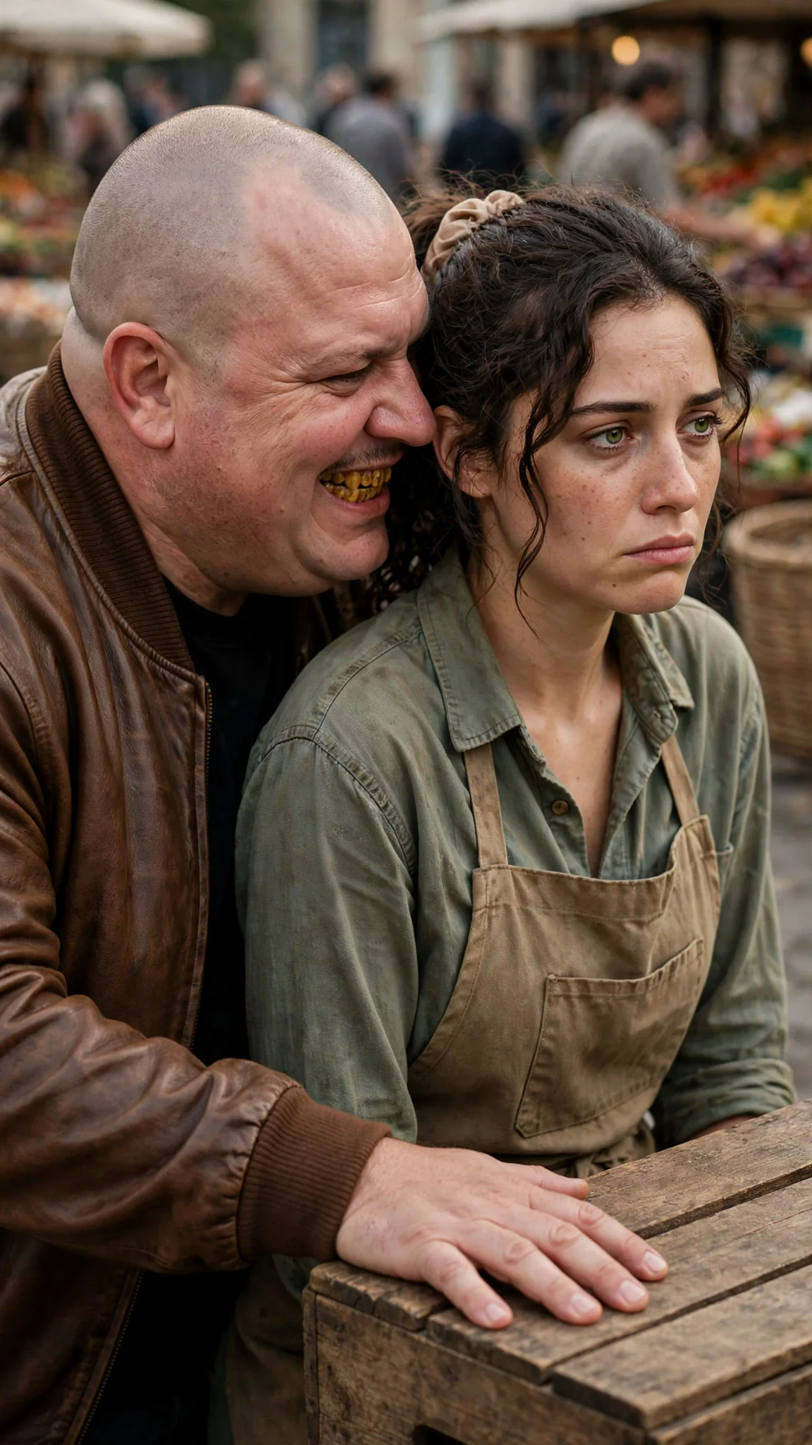 The heavy man speaks low into the woman's ear with a nasty smile.